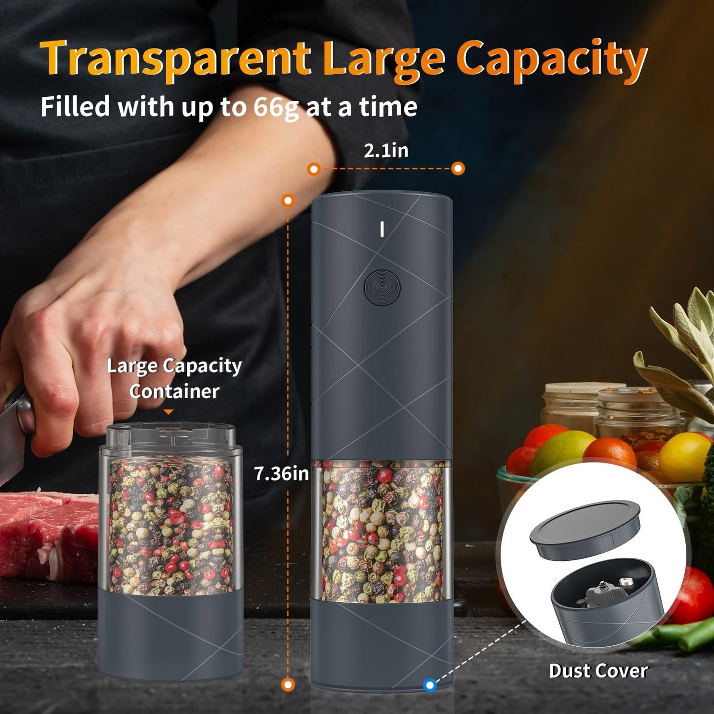 2 Pack USB Rechargeable Electric Salt & Pepper Grinders with LED Light, Adjustab2