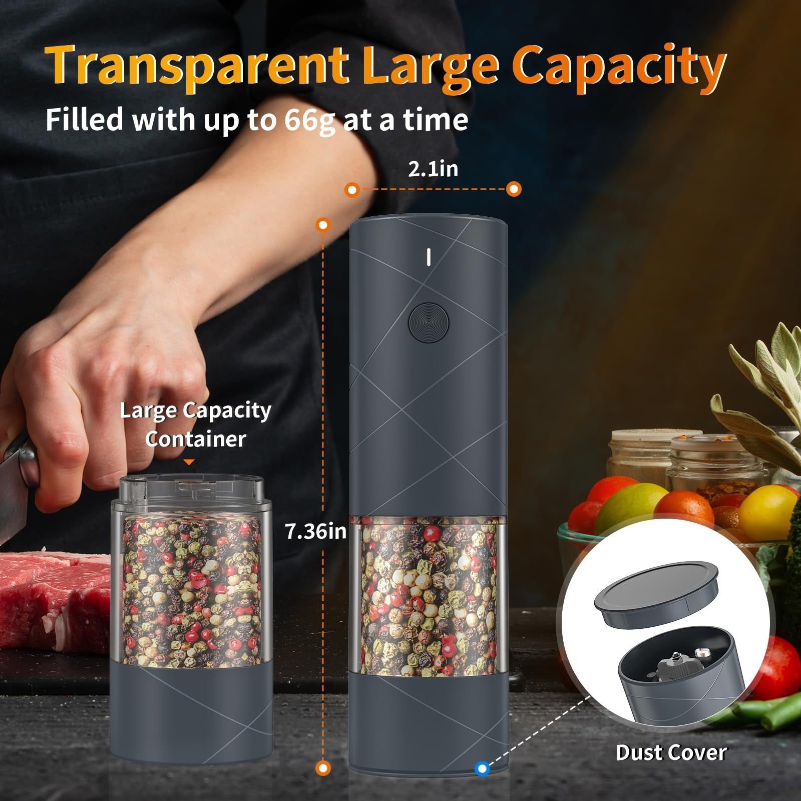2 Pack USB Rechargeable Electric Salt & Pepper Grinders with LED Light, Adjustab2