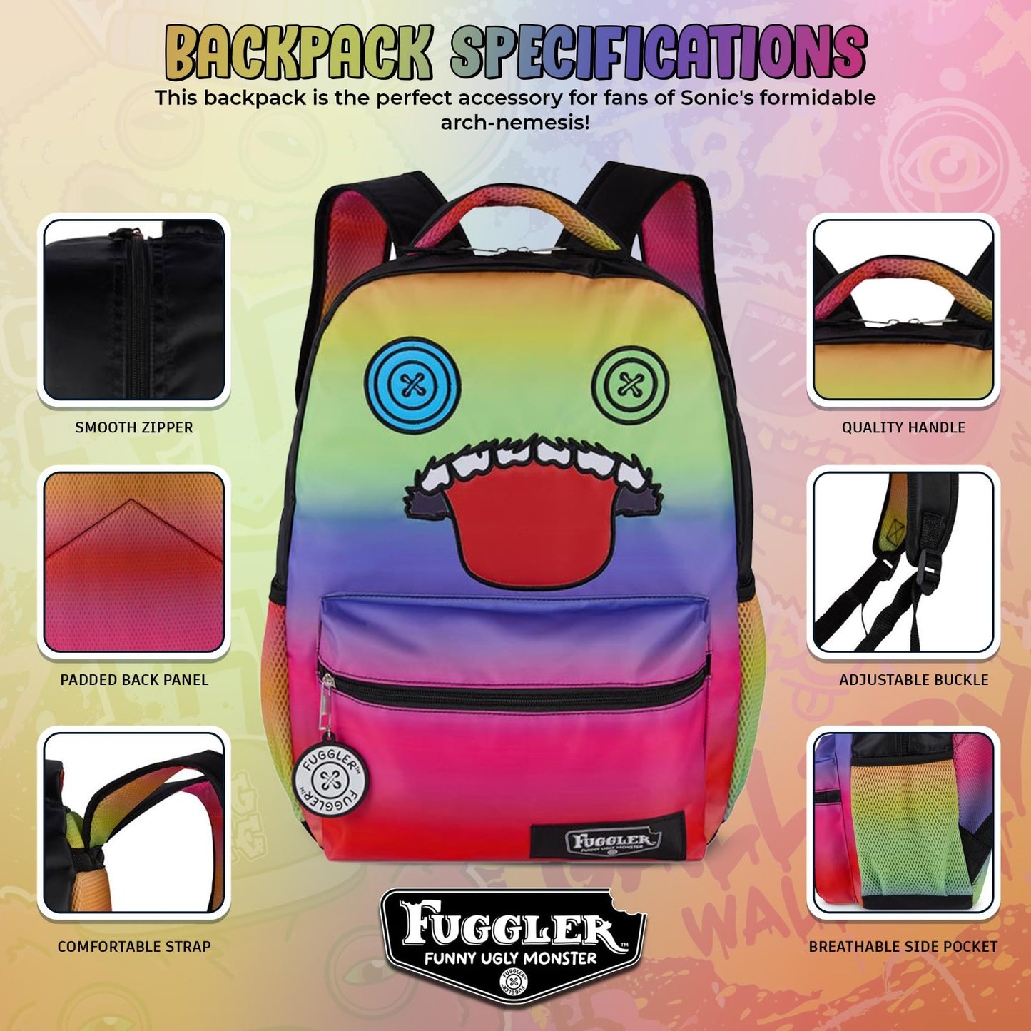 Fuggler Big Face Oogah Boogah Backpack, Rainbow Gradient, 16" Kids Bag, 3 Pocket4