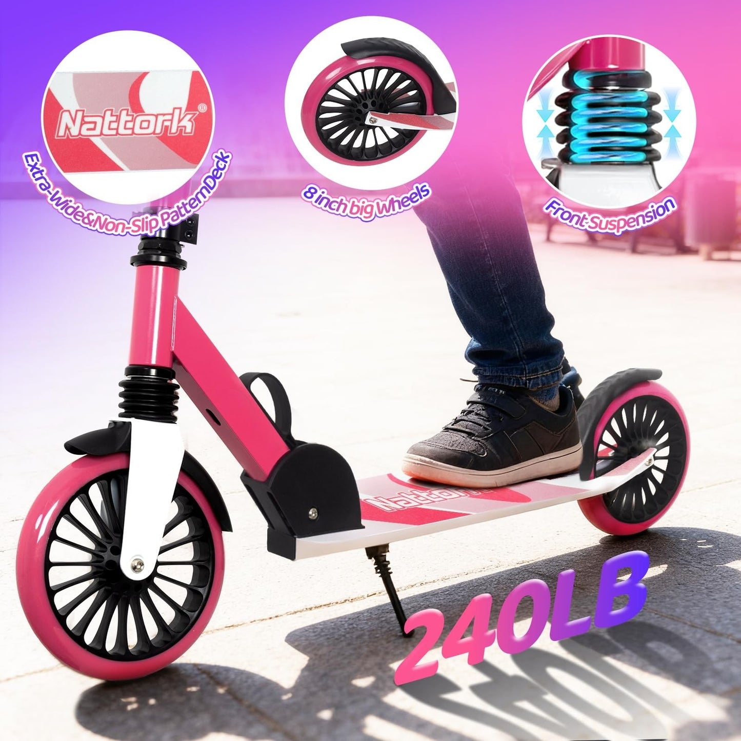 Adjustable Kick Scooter for Kids & Teens, Max Load 240 LBS, Foldable, 8" Wheels,2