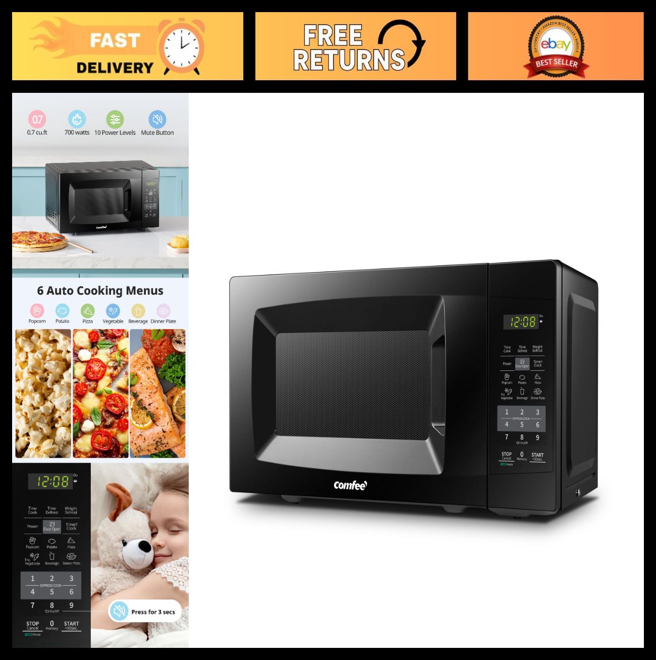 Compact Countertop Microwave Oven 0.7 Cu.Ft, 700W, ECO Mode, One Touch, Child Lo0