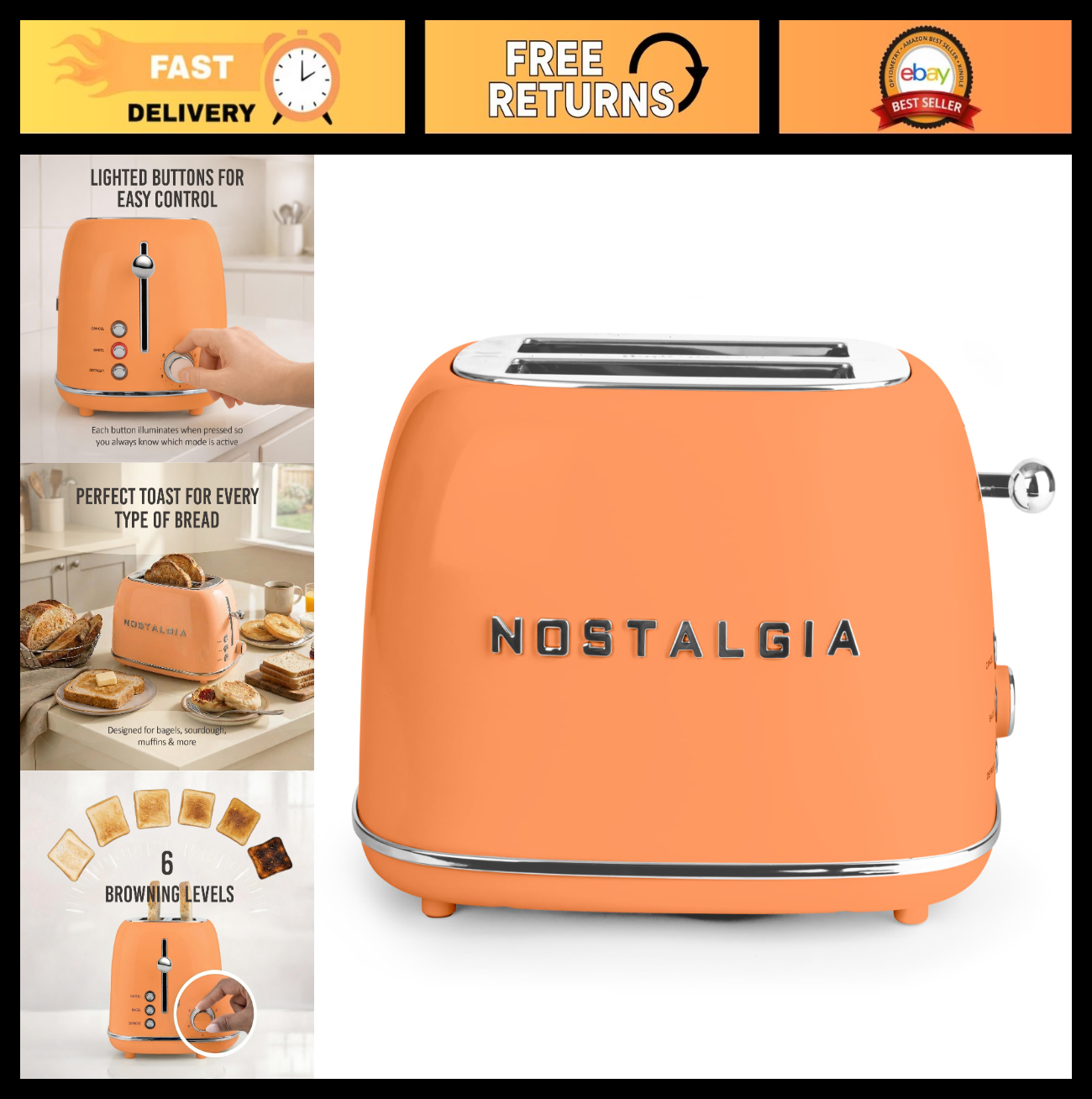 Vintage Retro 2 Slice Toaster   Enamel Coated Steel, Wide Slots, 6 Levels, Defro0