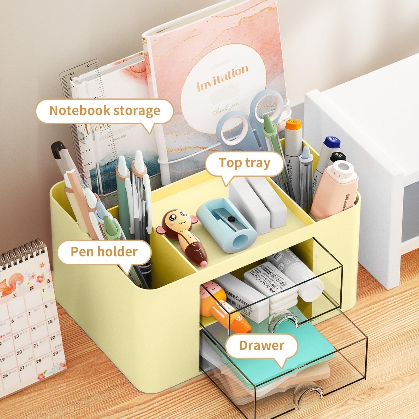 Multi Functional Desk Organizer with 2 Drawers, 5 Compartments for Art Supplies3