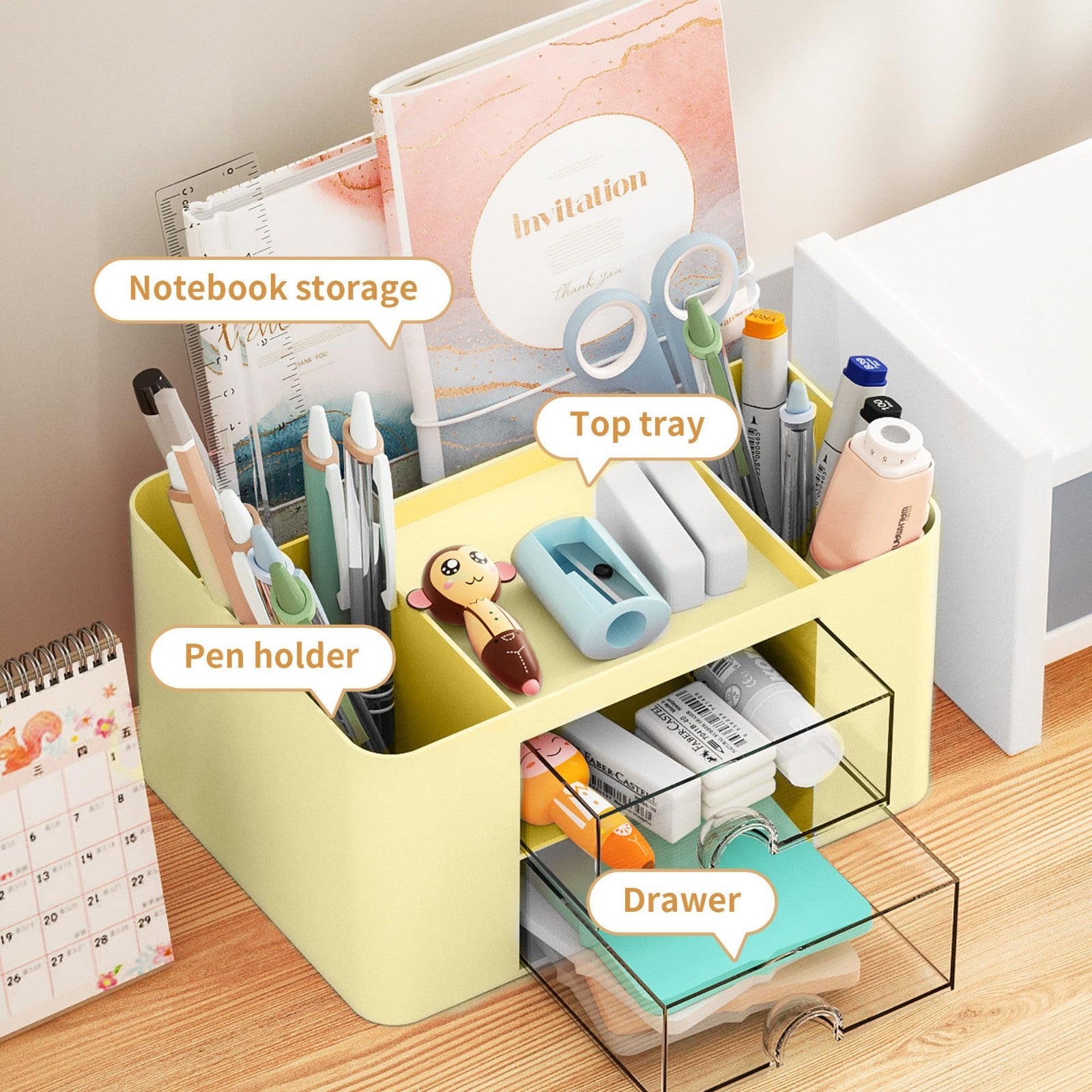 Multi Functional Desk Organizer with 2 Drawers, 5 Compartments for Art Supplies3