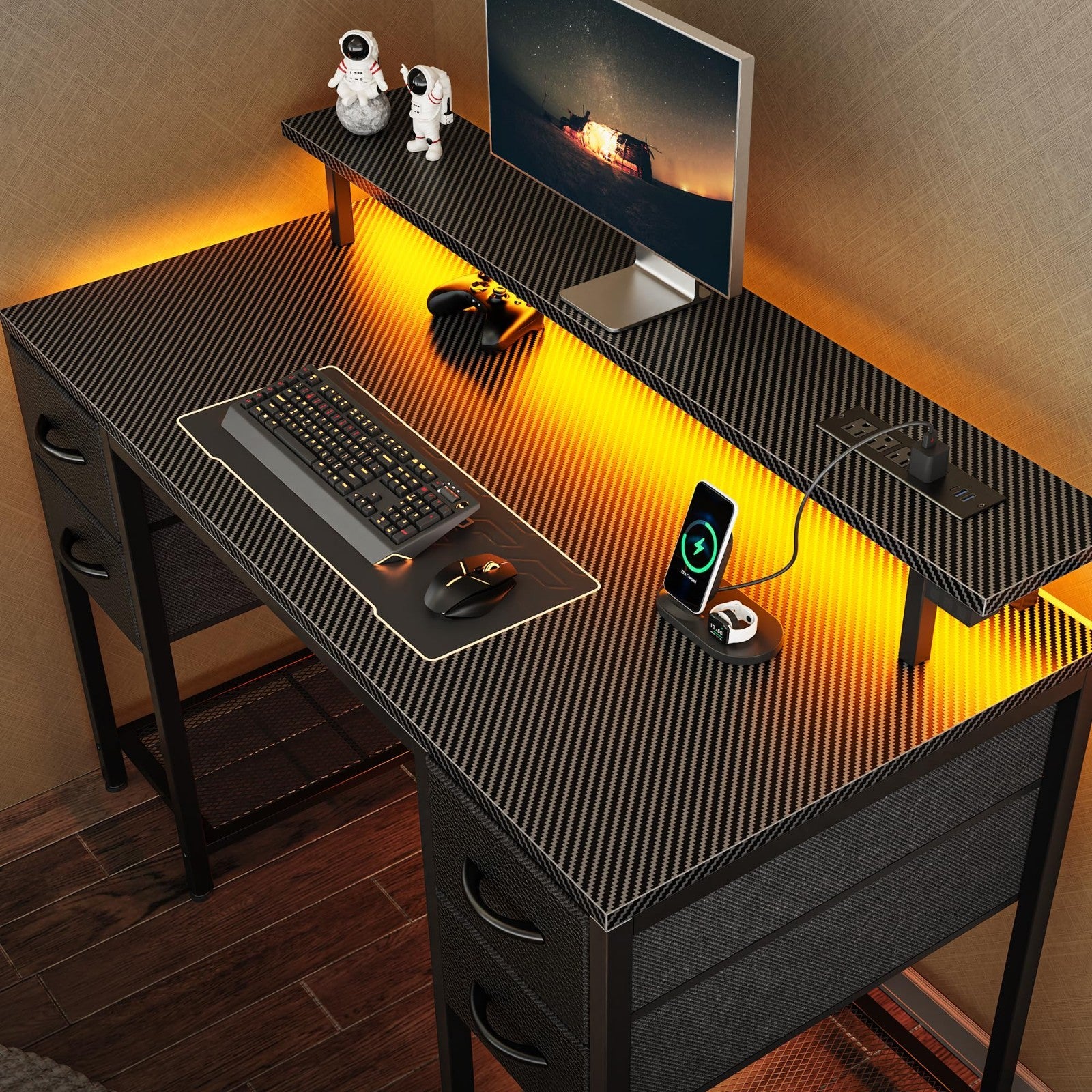 47 Inch Gaming Desk with LED Lights, Power Outlets & 4 Drawers - Home Office Fur1