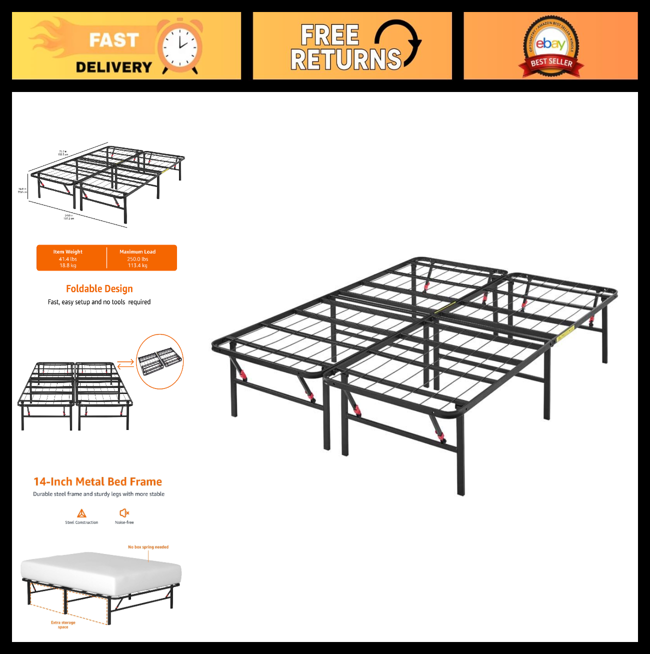 Sturdy Full Size Bed Frame with Underbed Storage, Foldable Metal Platform, Noise0