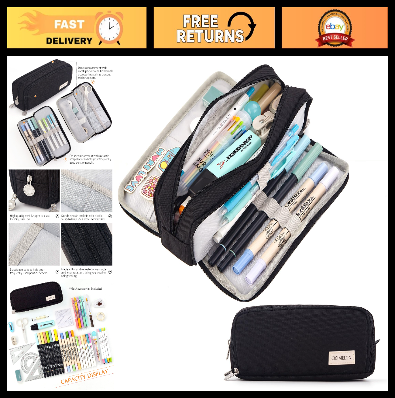 Large Capacity 3 Compartment Pencil Case Pouch Pen Bag for School & Office   Bla0