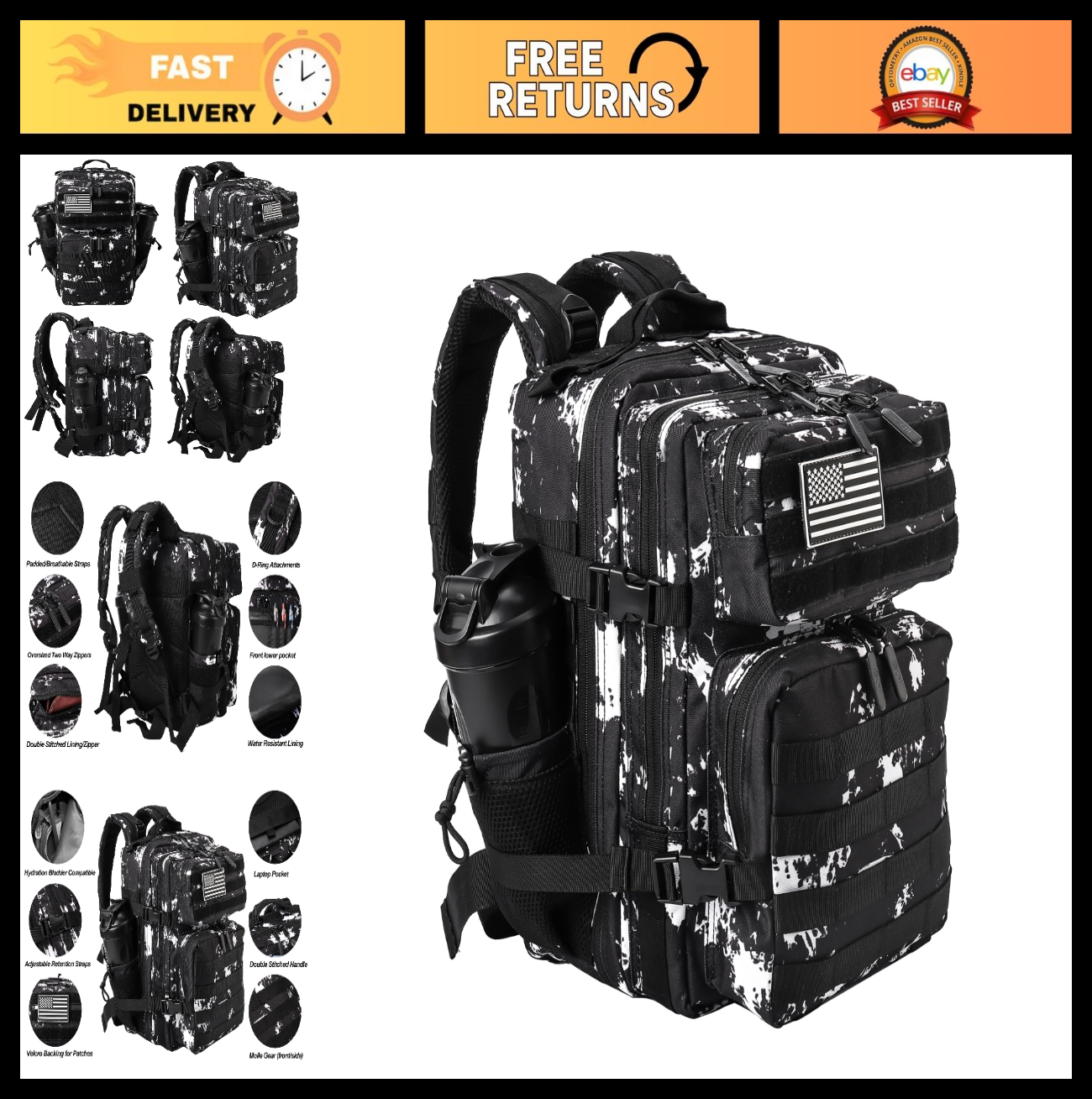 Tactical Military Backpack 25L/35L   Army Assault Pack, Rucksack with Bottle Hol0