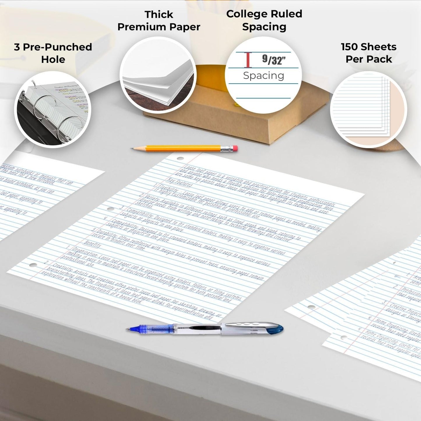 576 Pack Loose Leaf Paper Bulk   86400 Sheets, College Ruled, 3 Hole Punched, Fi3