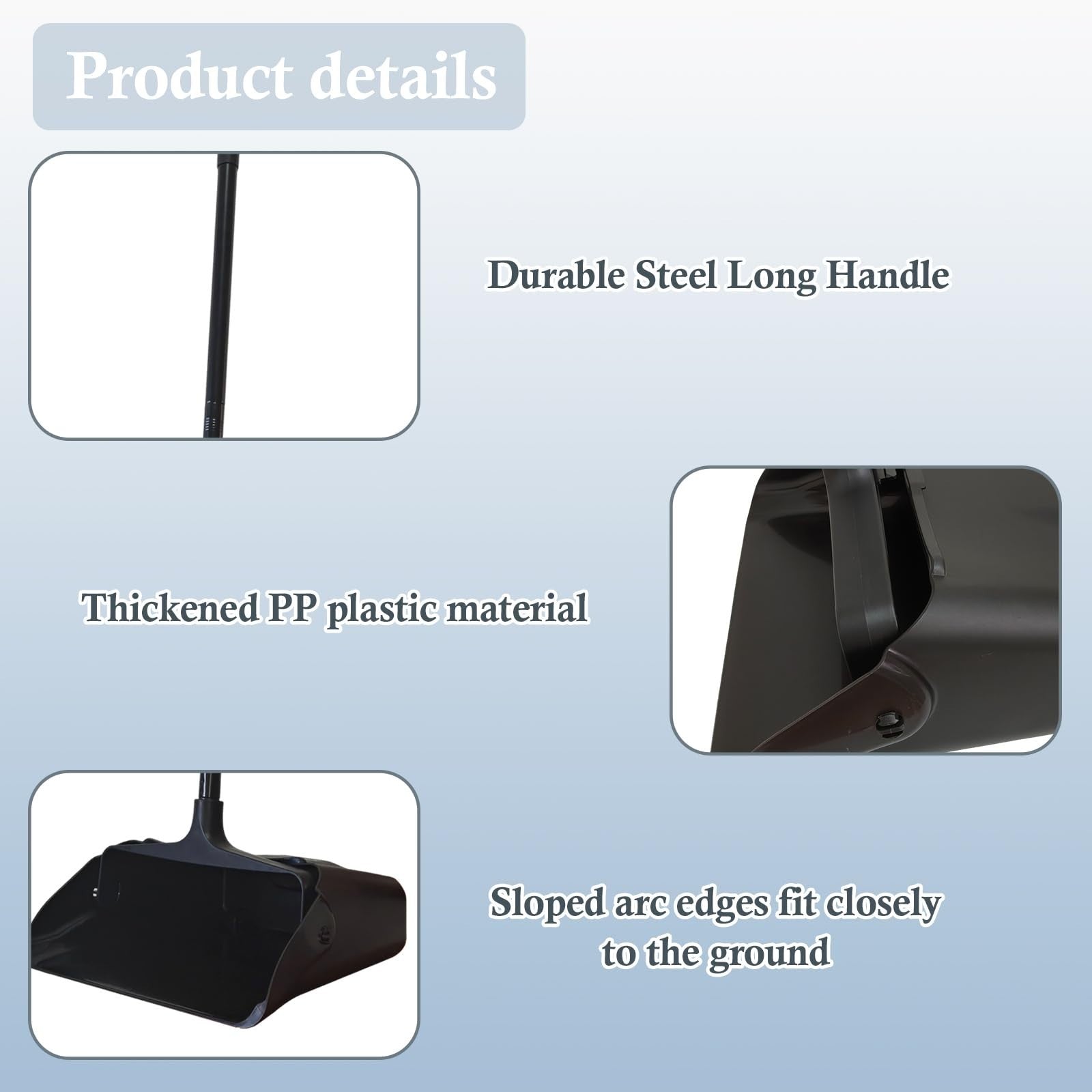 3-Pack Heavy Duty Upright Dust Pans with Long Handle & Wheels - Indoor/Outdoor C4