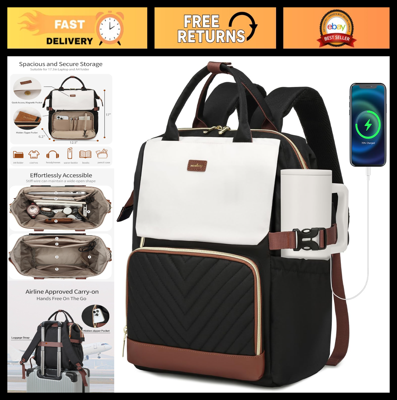 Stylish Laptop Backpack for Women, 17.3in, Work & Travel Bag with USB Charger &0