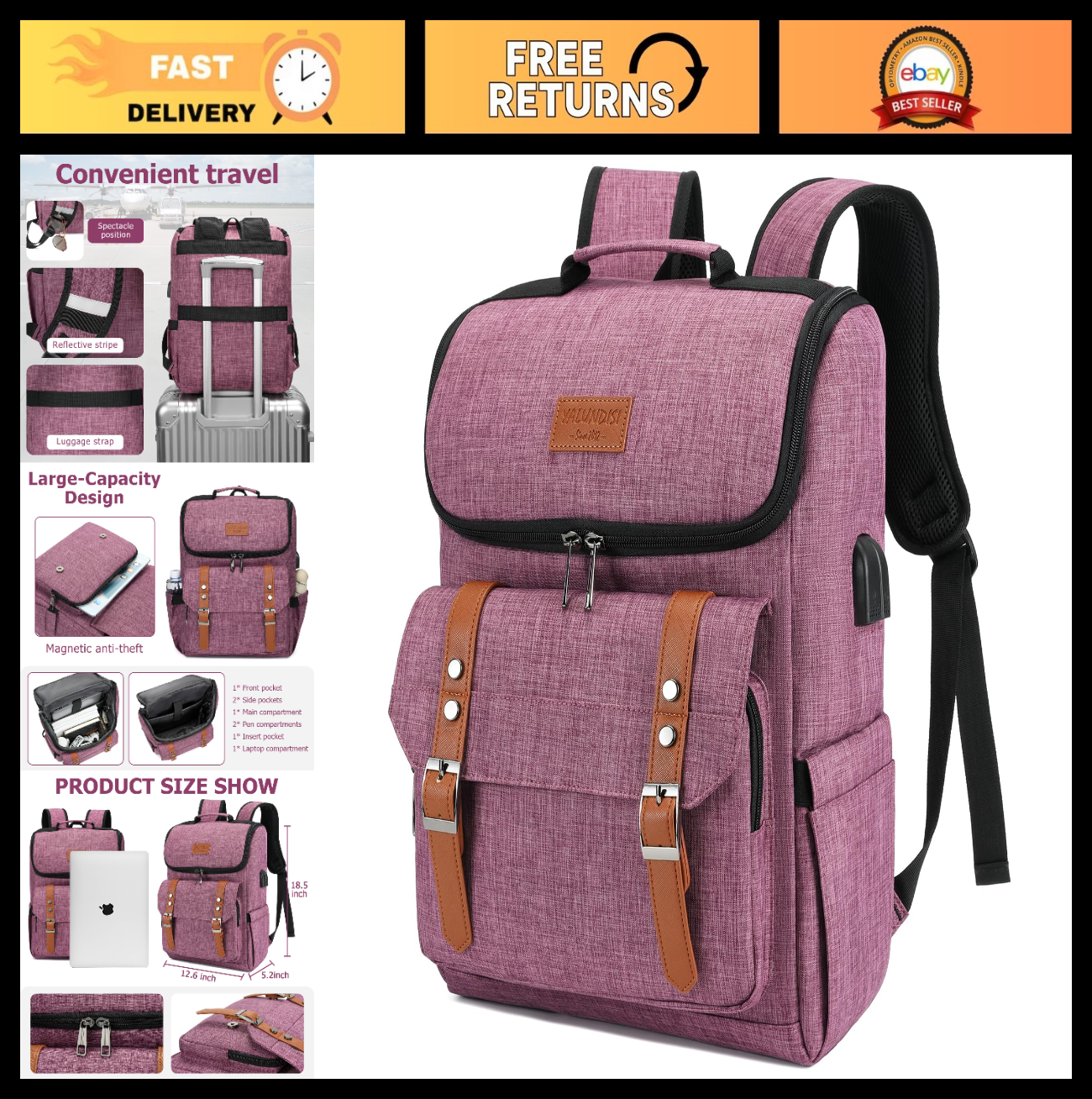 Vintage Travel Laptop Backpack with USB Charging Port, Fits 15.6" - Purple/Brown0