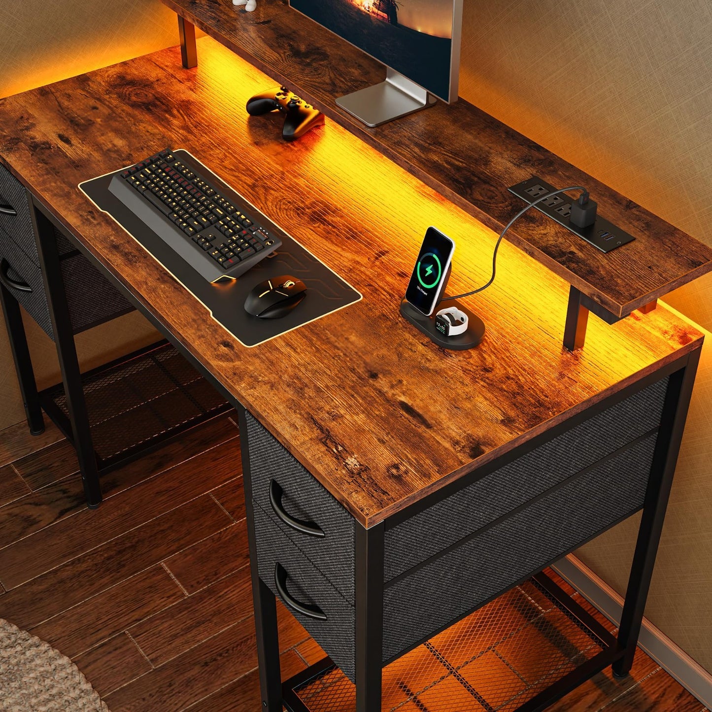 47-Inch Gaming Desk with LED Lights, Power Outlets & 4 Drawers - Rustic Home Off1