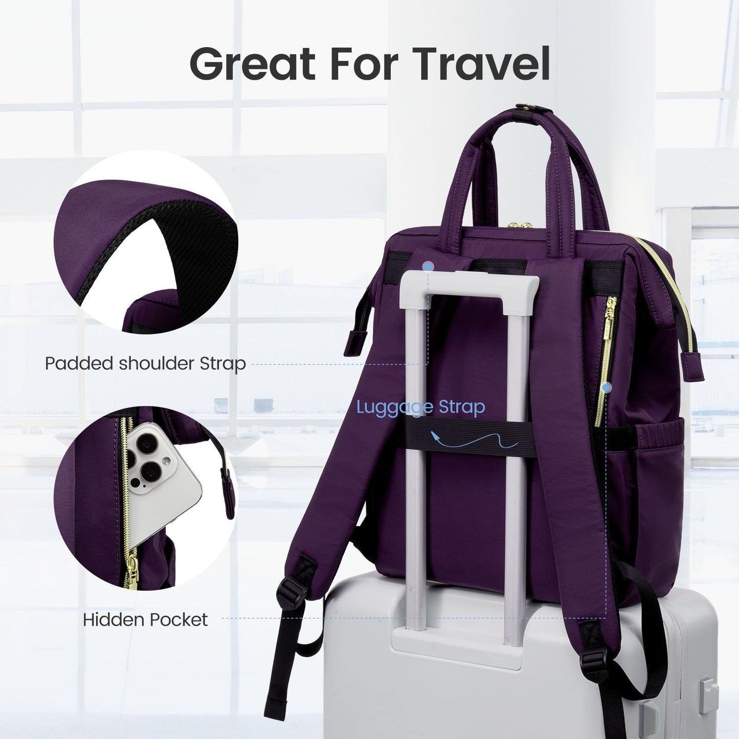 Lightweight 15.6" Laptop Backpack for Women, Quilted Travel Bag, Dark Purple5