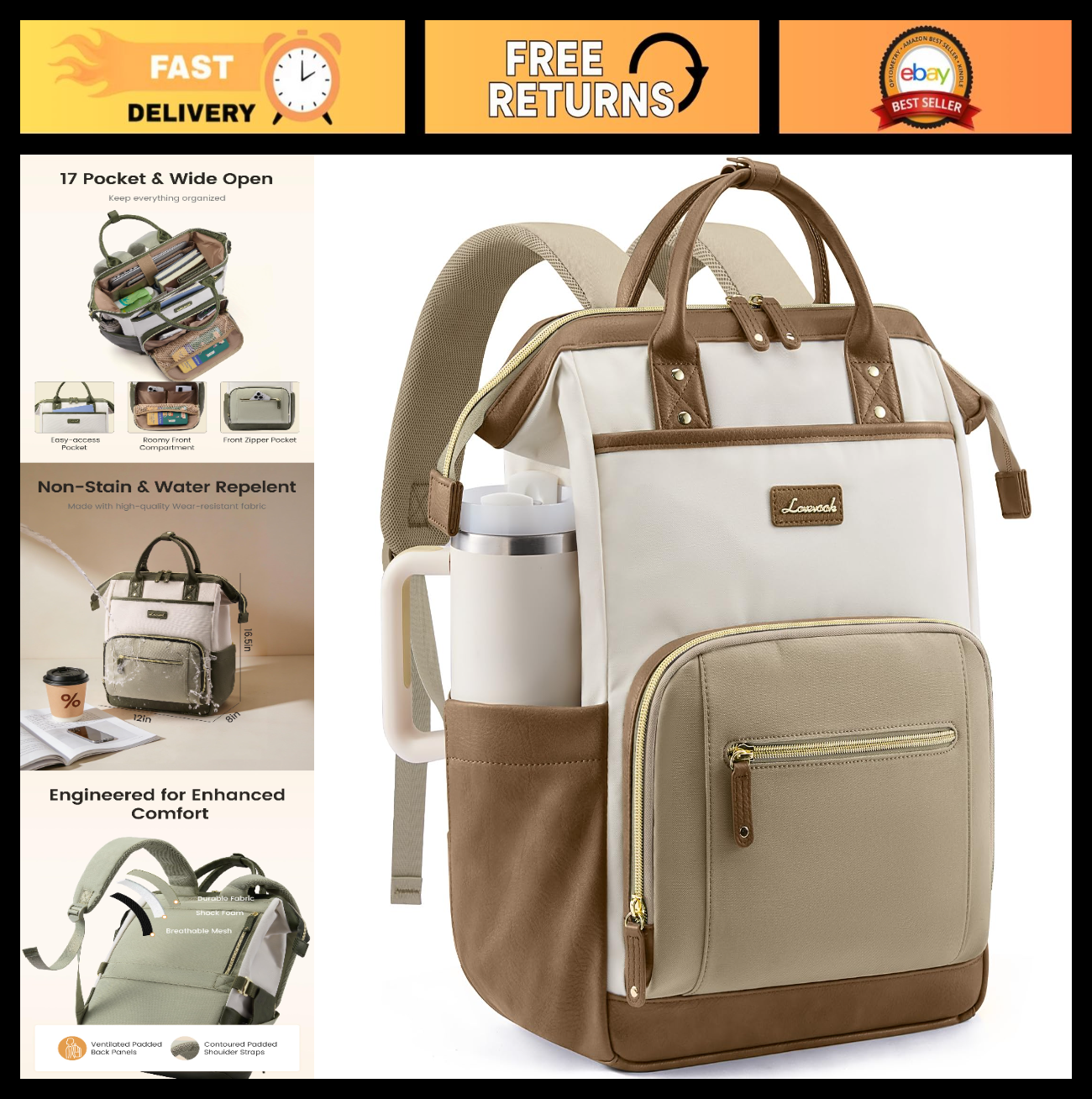 Stylish 15.6" Laptop Backpack with Tumbler Holder, Travel Bag for Work & College0