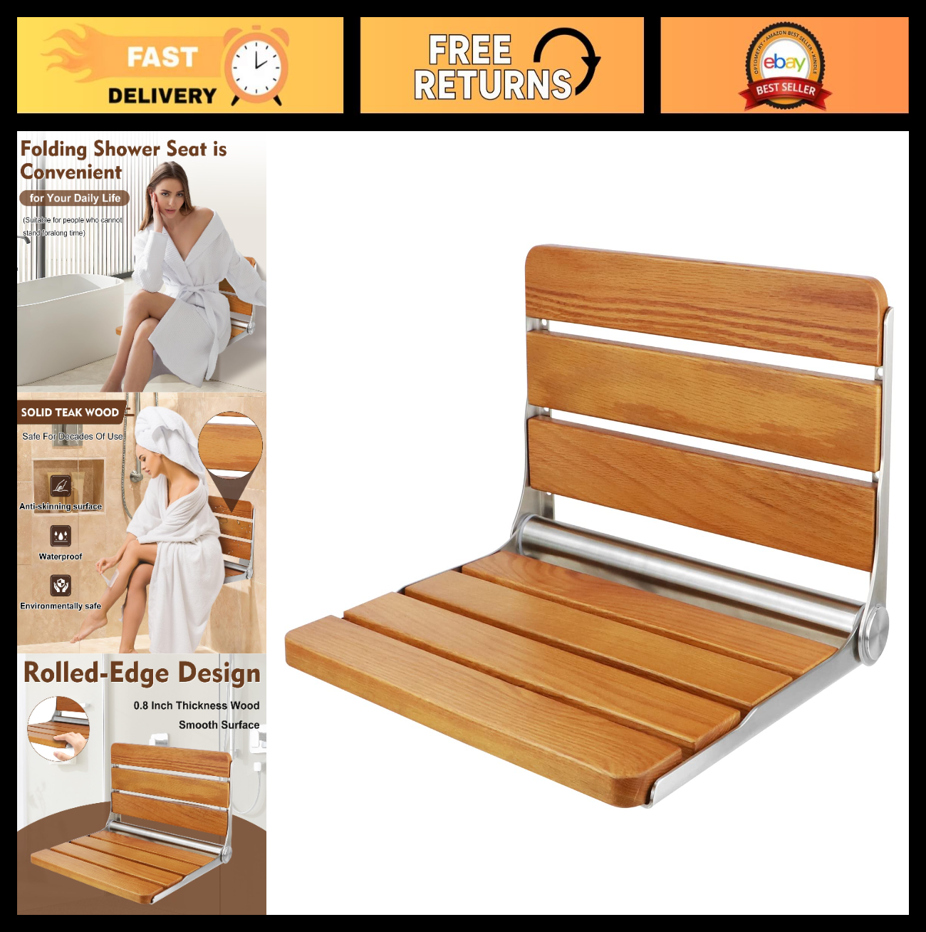18" Teak Folding Shower Seat   Heavy Duty Wall Mounted Bench, Space Saving Spa C0