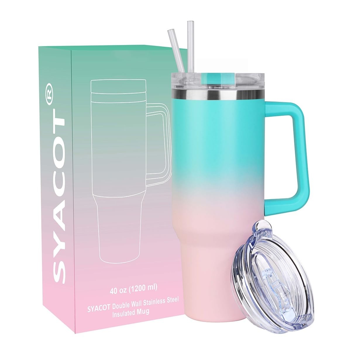 40 oz Insulated Tumbler with Handle & Straw   Leak Proof Travel Mug, Hot & Cold0