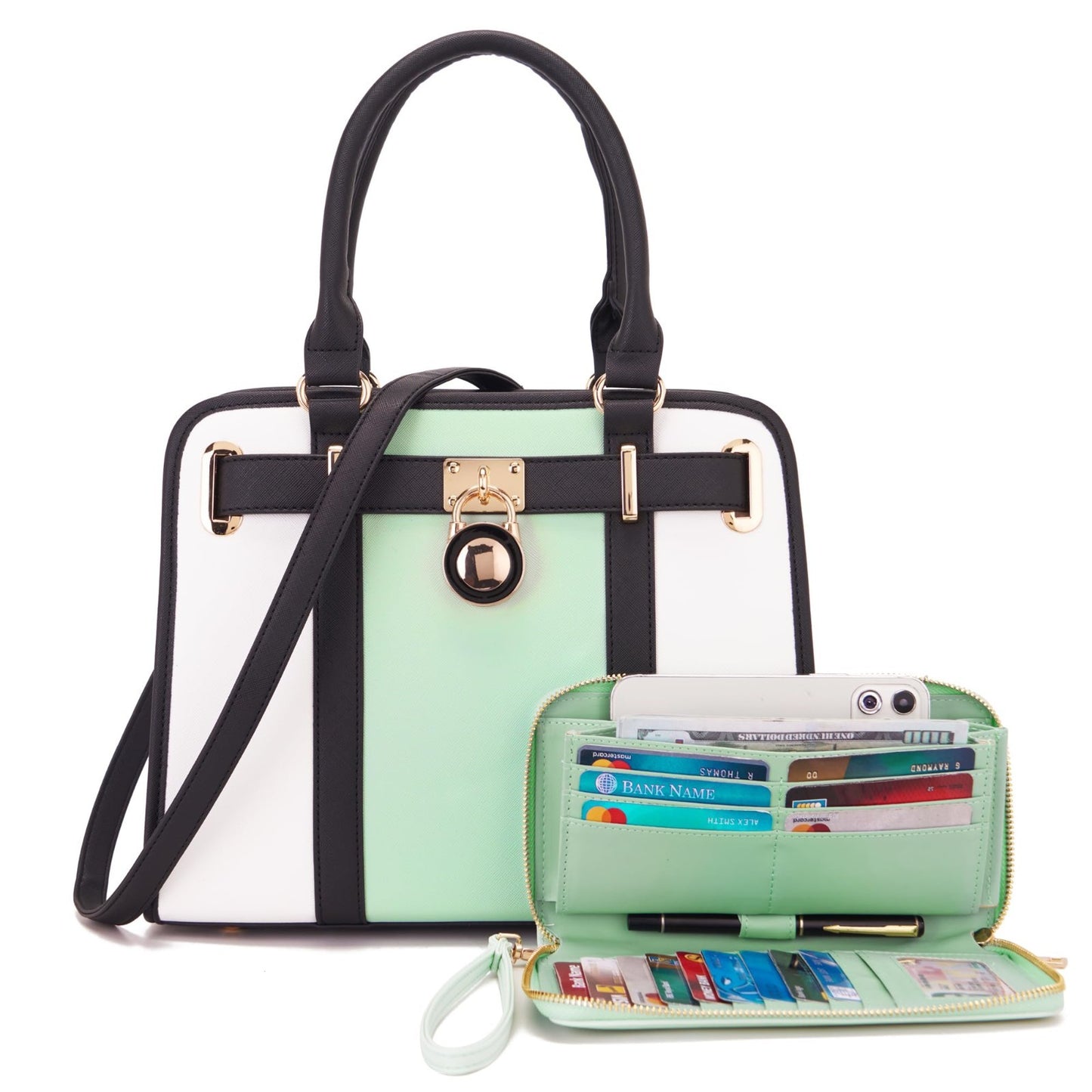 Stylish Women's Structured Satchel Tote Handbag Set with RFID Wallet - Fashion P7