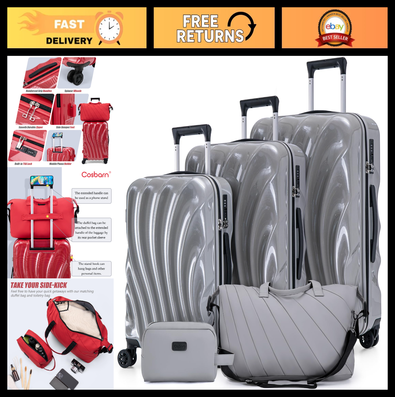 5-Piece Hardshell Luggage Set with Wheels, TSA Lock, Phone Holder, Durable Trave0