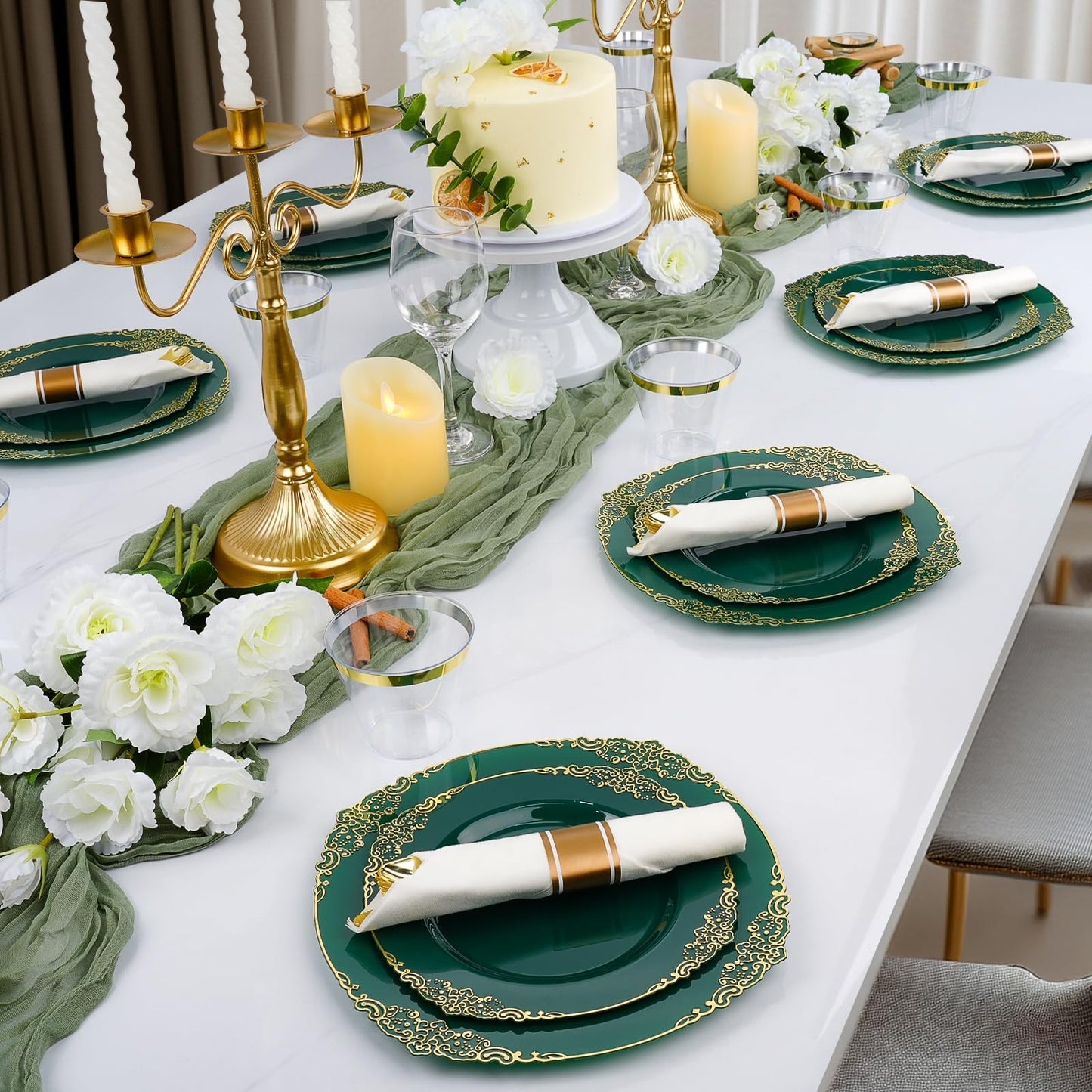 350-Piece Green & Gold Disposable Dinnerware Set for 50 Guests | Plates, Silverw6