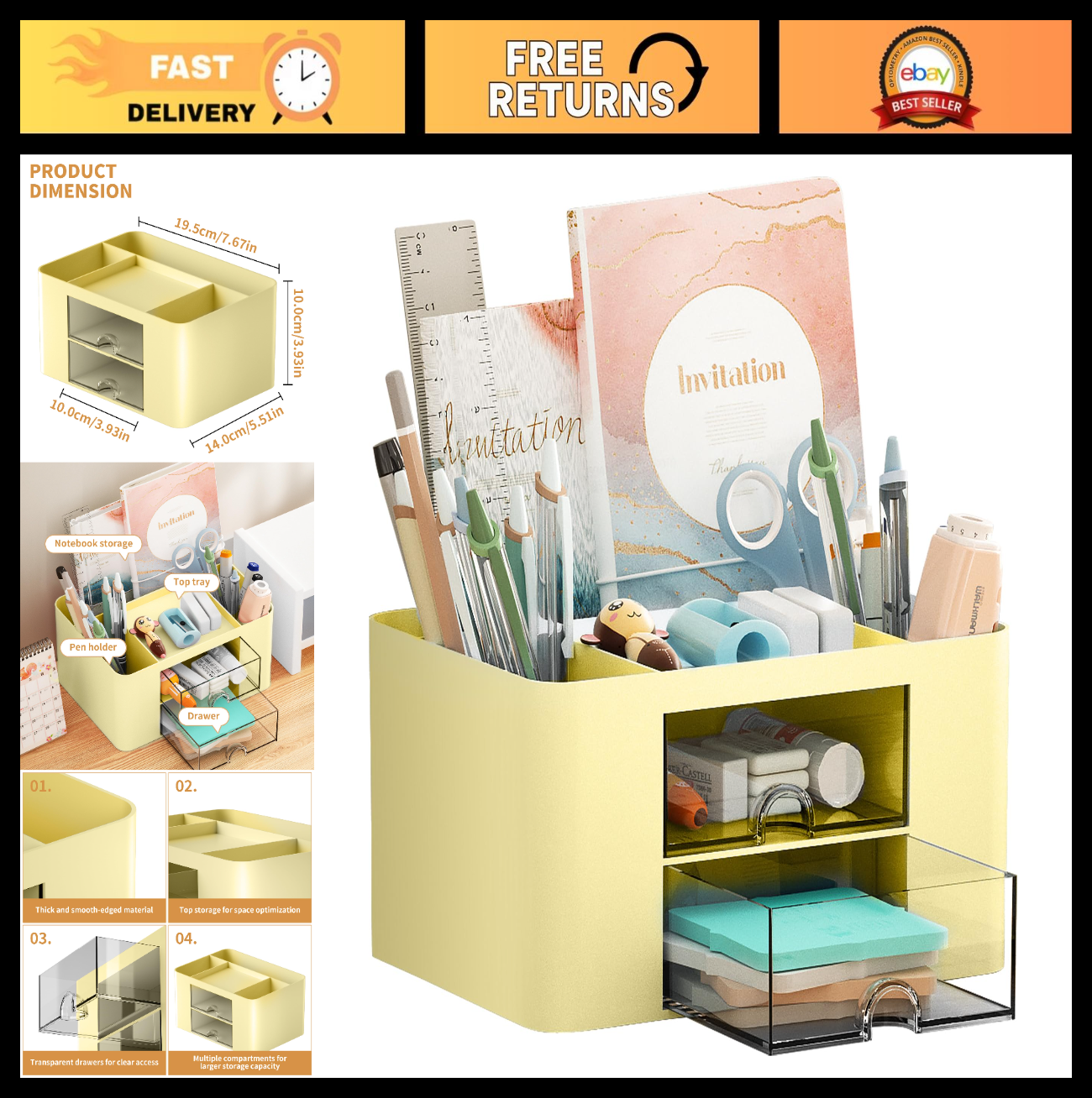 Multi Functional Desk Organizer with 2 Drawers, 5 Compartments for Art Supplies0