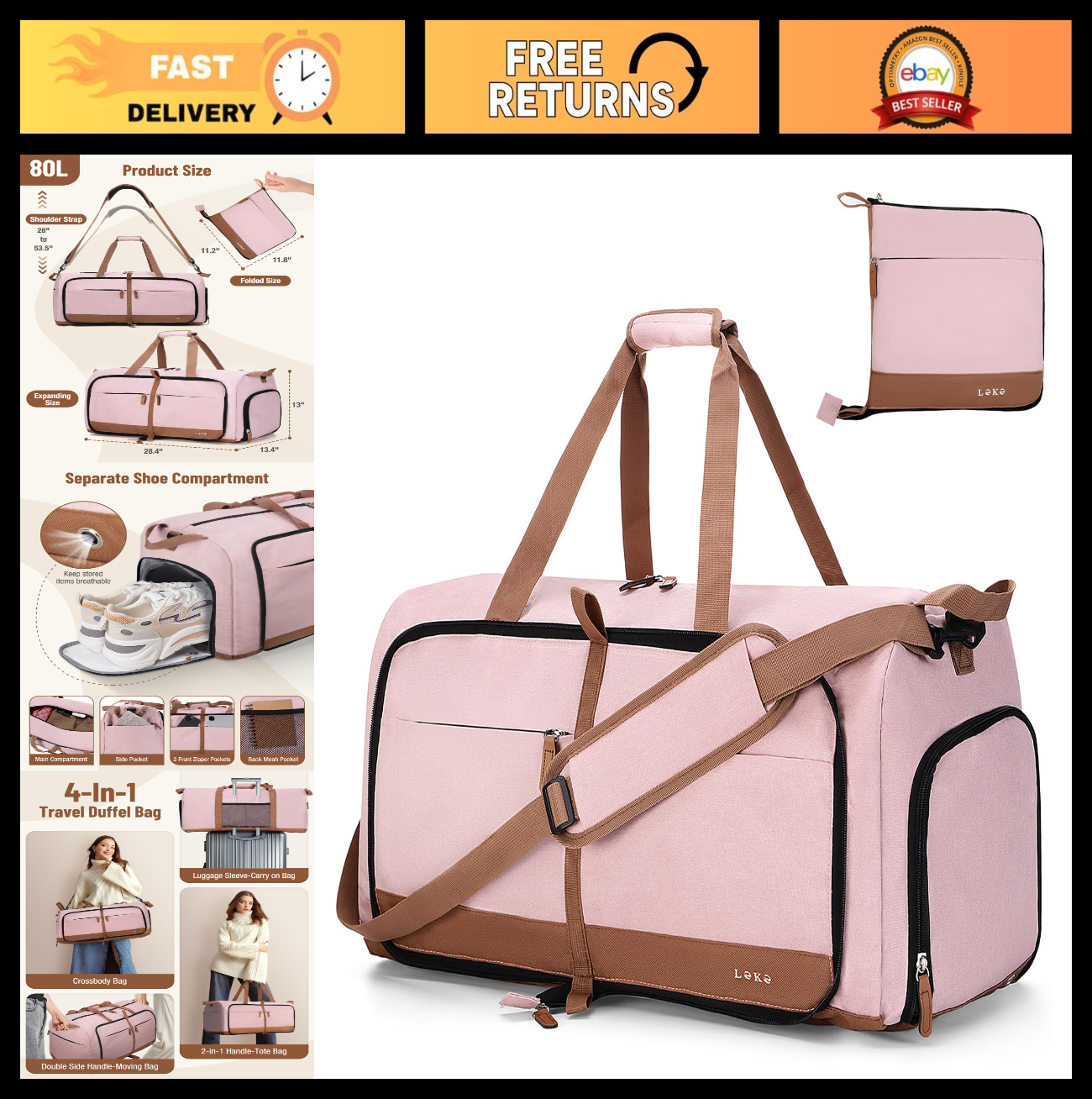 80L Foldable Travel Duffel Bag for Women - Large Carry-On with Shoe Compartment,0
