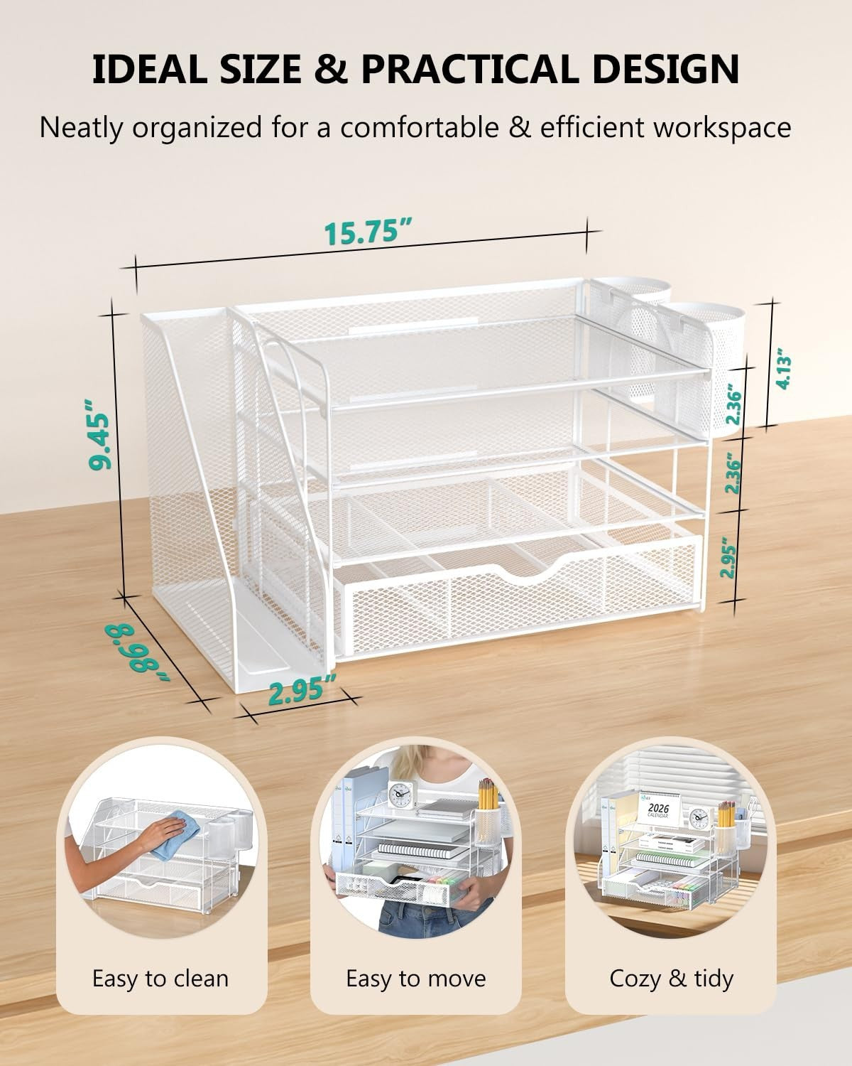 4 Tier Desktop File Organizer with Drawer & 2 Pen Holders   Office Desk Accessor2
