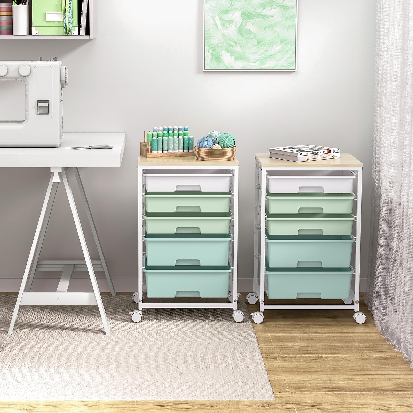 5 Drawer Utility Cart with Wooden Top, Lockable Wheels, Rolling Craft Organizer,6