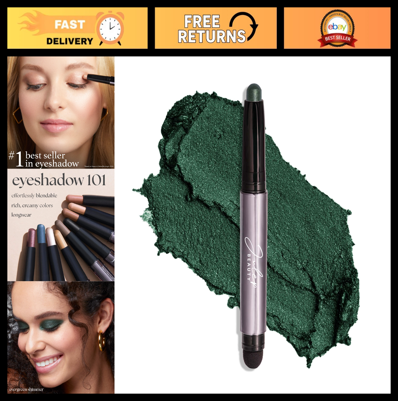 Crème-to-Powder Eyeshadow Stick - Evergreen Shimmer, Long-Lasting Color, Easy Ap0