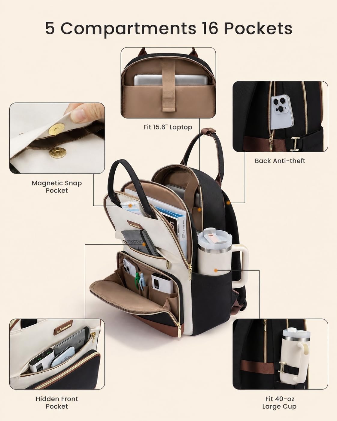 Stylish Waterproof Laptop Backpack for Women, 15.6" Travel Bag with Tumbler Hold3