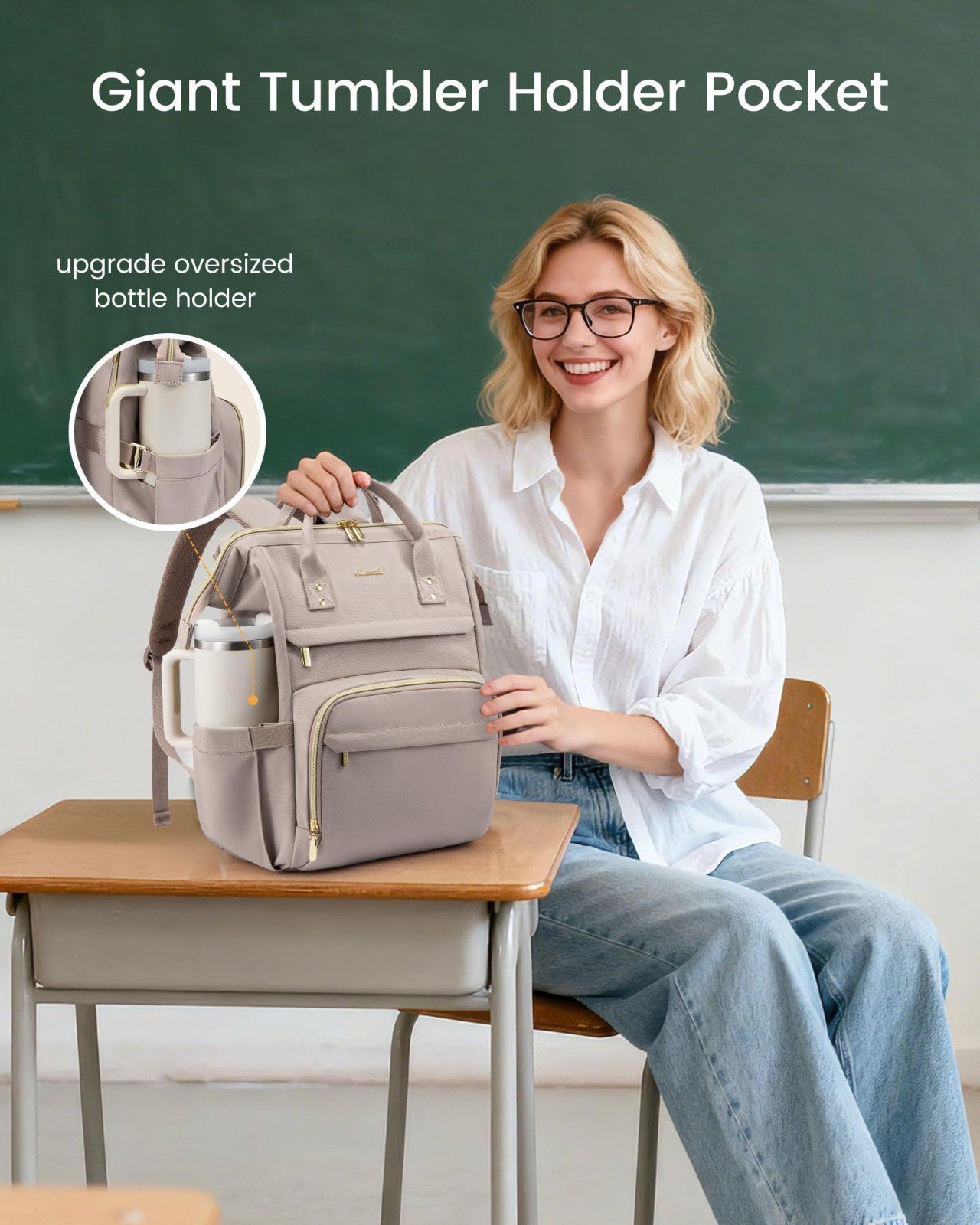 Stylish 15.6" Waterproof Laptop Backpack with Tumbler Holder, Travel Purse, Gray2