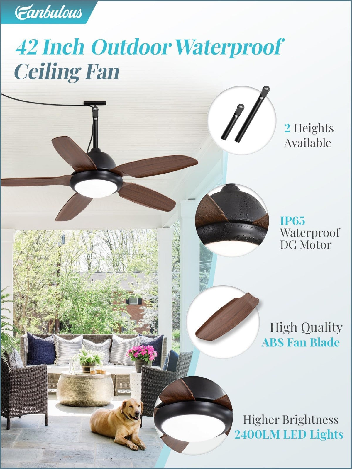 42" Waterproof Outdoor Ceiling Fan with Light   Perfect for Patio & Deck, Brown2