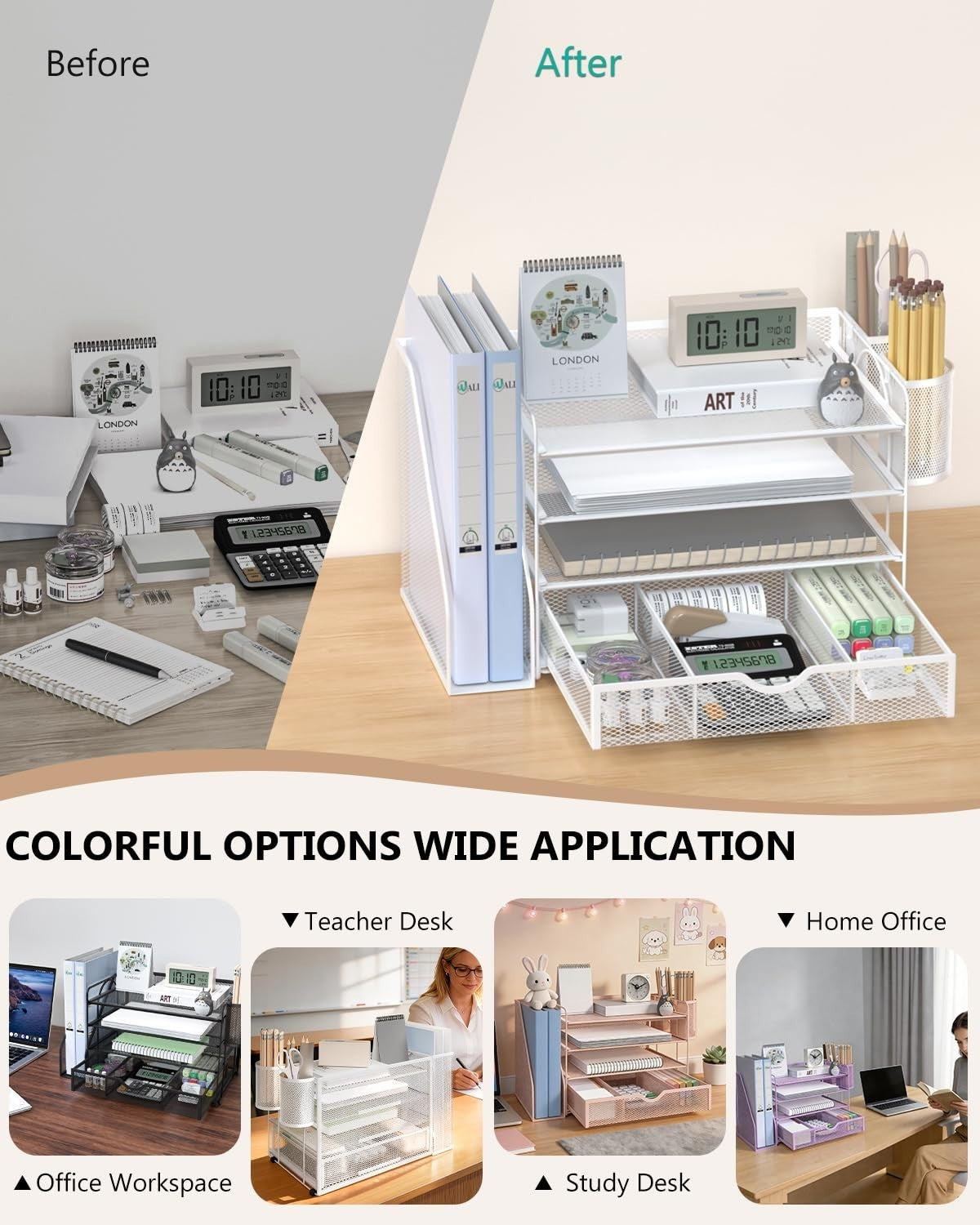 4 Tier Desktop File Organizer with Drawer & 2 Pen Holders   Office Desk Accessor6