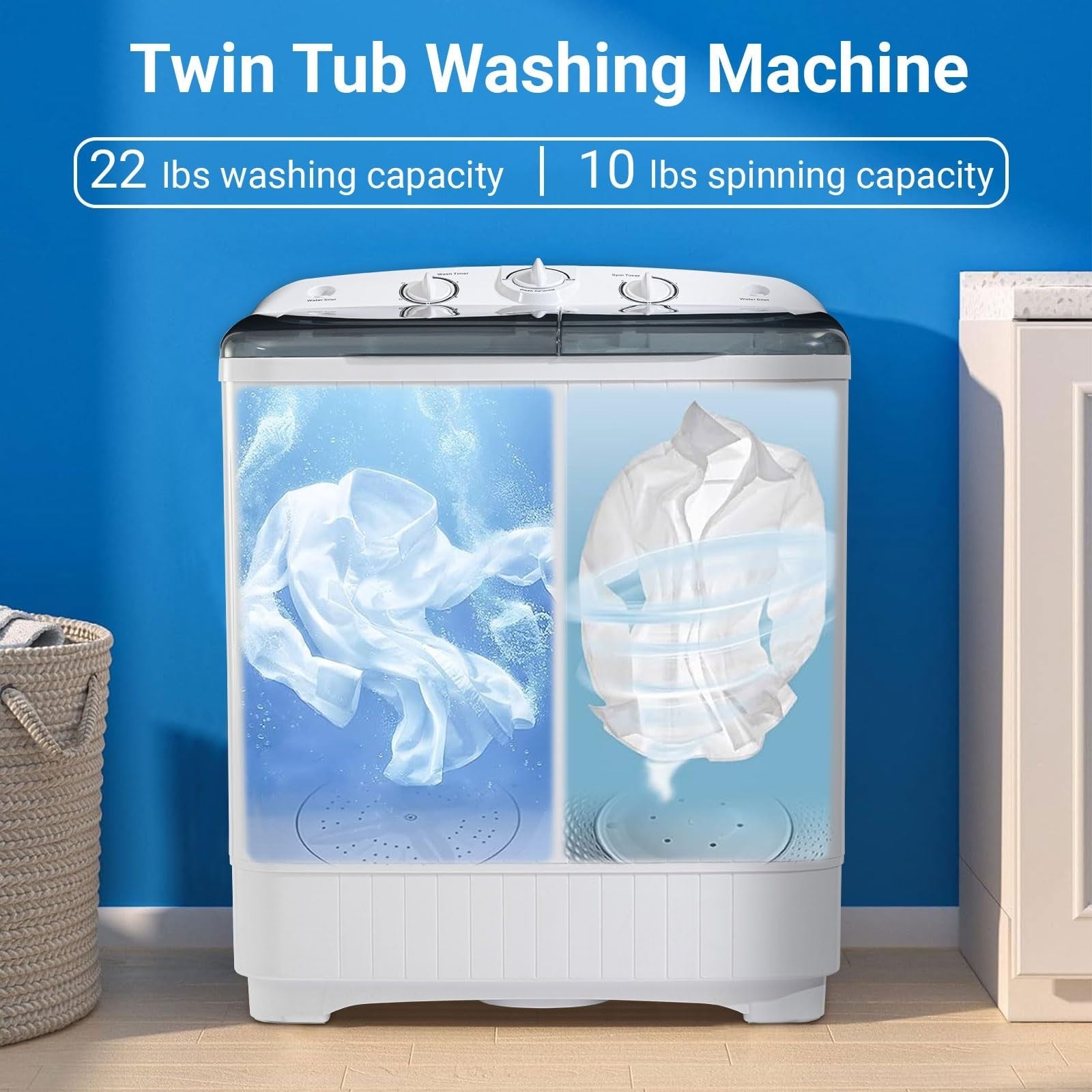 Compact Mini Twin Tub Washing Machine 32 lbs with Drying Rack & Hangers   Effici4