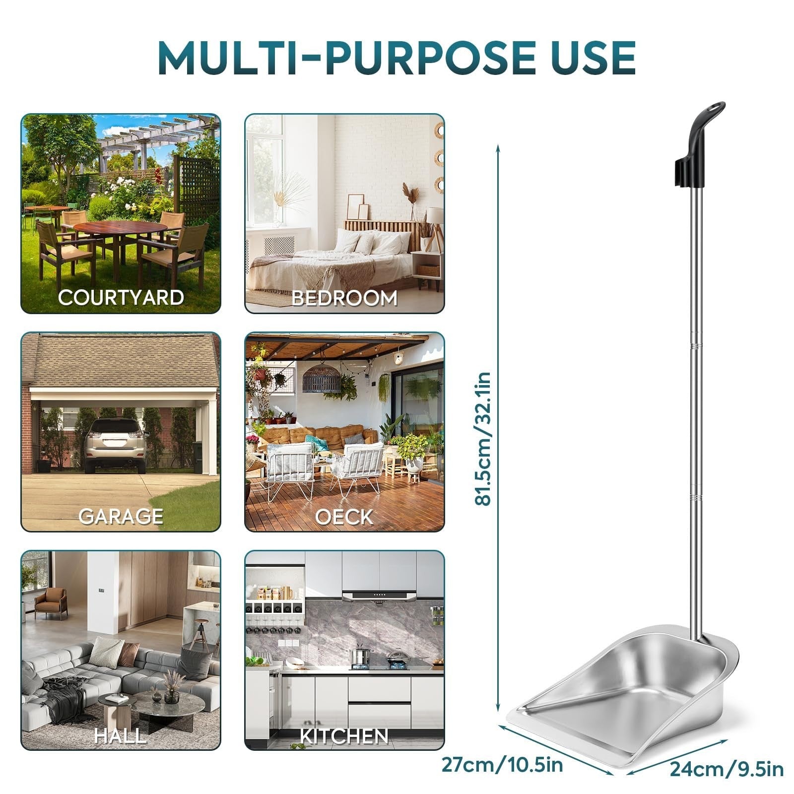 Long Handle Dust Pan - 35” Heavy Duty Metal Stand Up Dustpan, Adjustable Stainle1