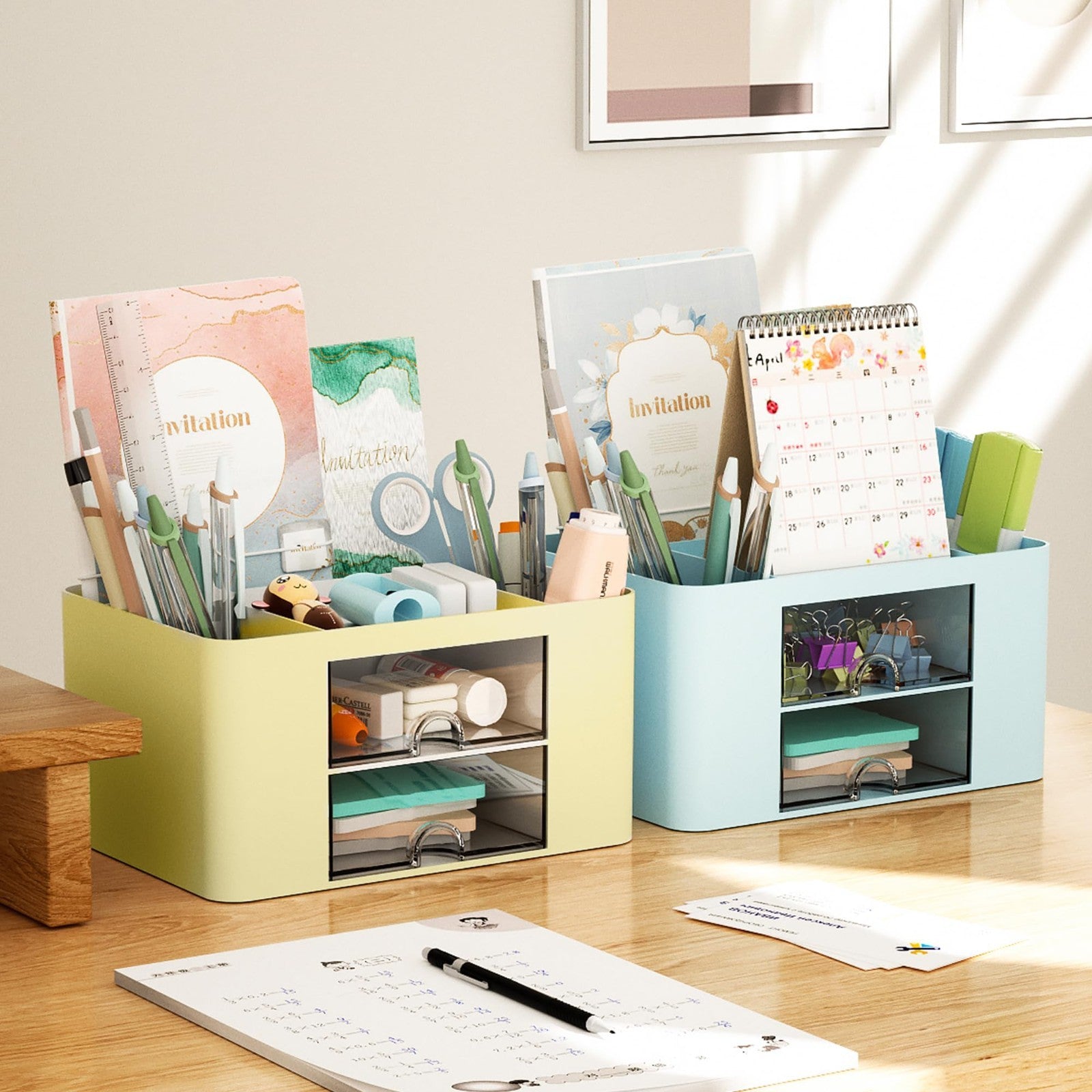 Multi Functional Desk Organizer with 2 Drawers, 5 Compartments for Art Supplies5