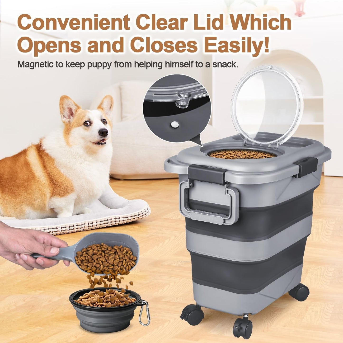 Airtight Dog & Cat Food Storage Container, 10 20 lbs, Collapsible, Wheels, Scoop3