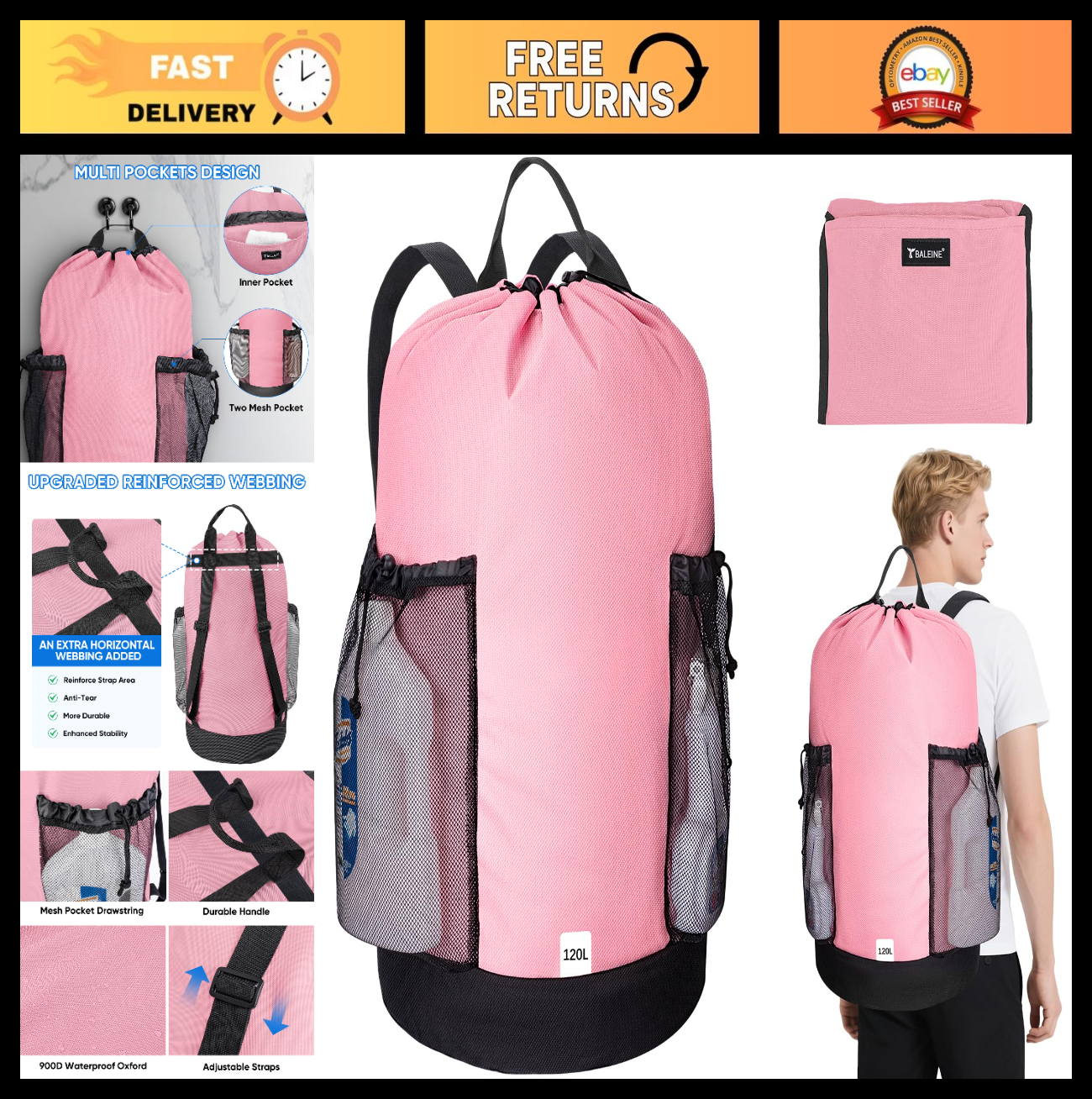 Optimized eBay Title:  "120L Large Laundry Backpack Bag - Durable 900D Oxford F0