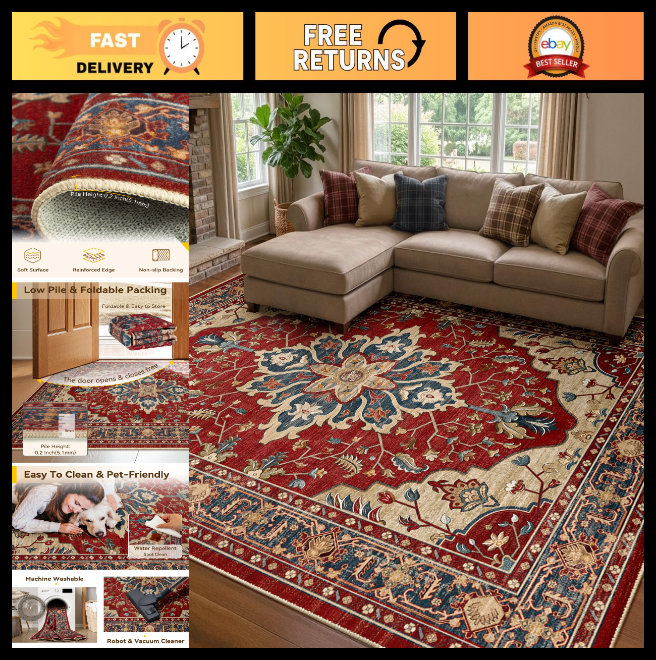 Washable 8'x10' Area Rug   Non Slip, Water Repellent, Pet Friendly Vintage Flora0