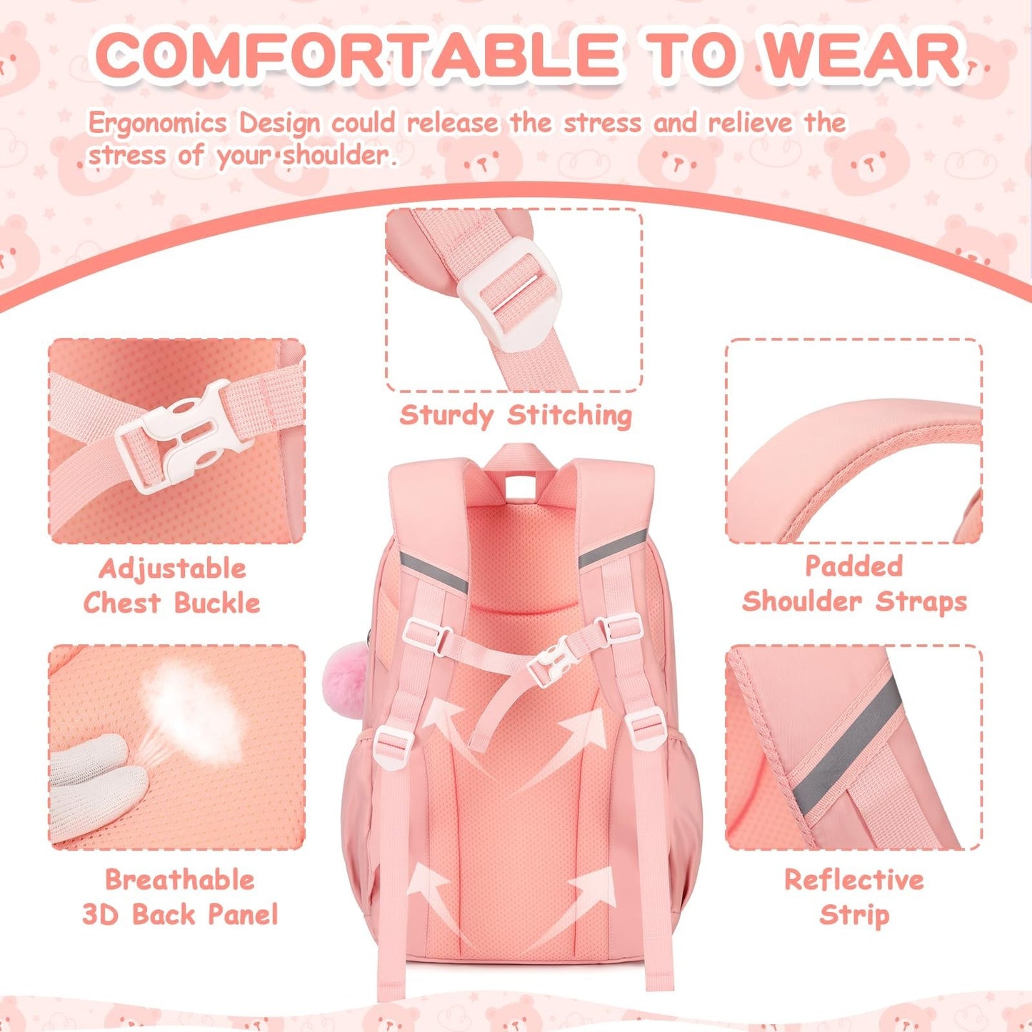 Kawaii Girls Backpack - Cute Pink & Beige School Bag for Middle & Elementary Stu3