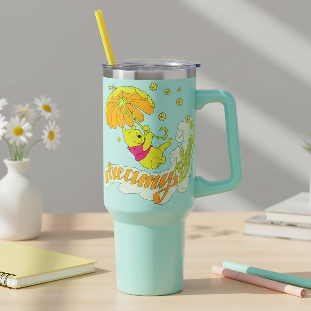 40oz Double Walled Stainless Steel Tumbler with Handle & Straw   Disney Pooh Art2