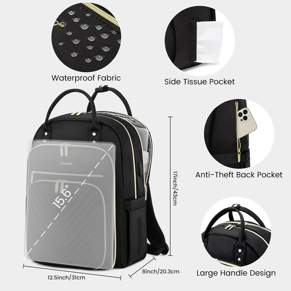 Stylish Water Resistant Laptop Backpack for Women, Travel Work Bag with USB Port2