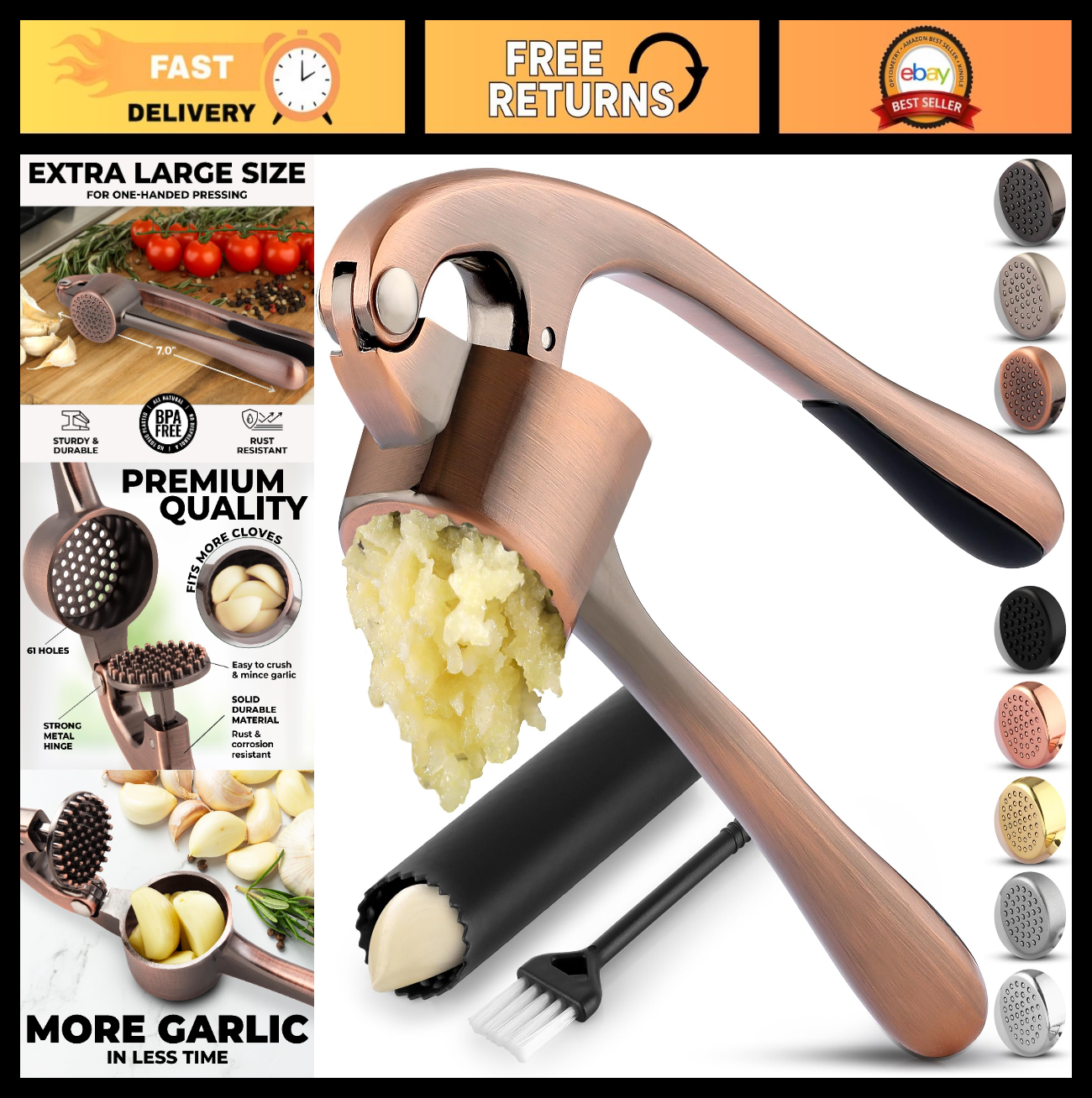 Large Garlic Press Set   Premium Rust Proof Mincer Tool with Easy Squeeze Peeler0