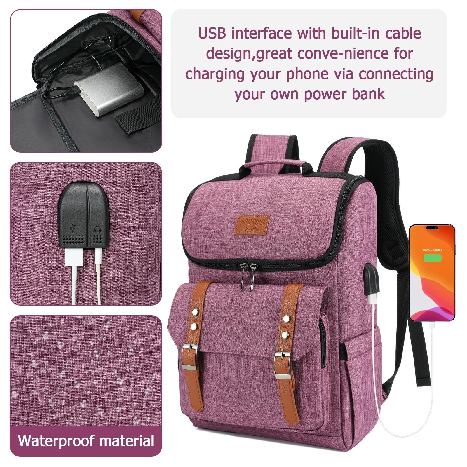 Vintage Travel Laptop Backpack with USB Charging Port, Fits 15.6" - Purple/Brown2