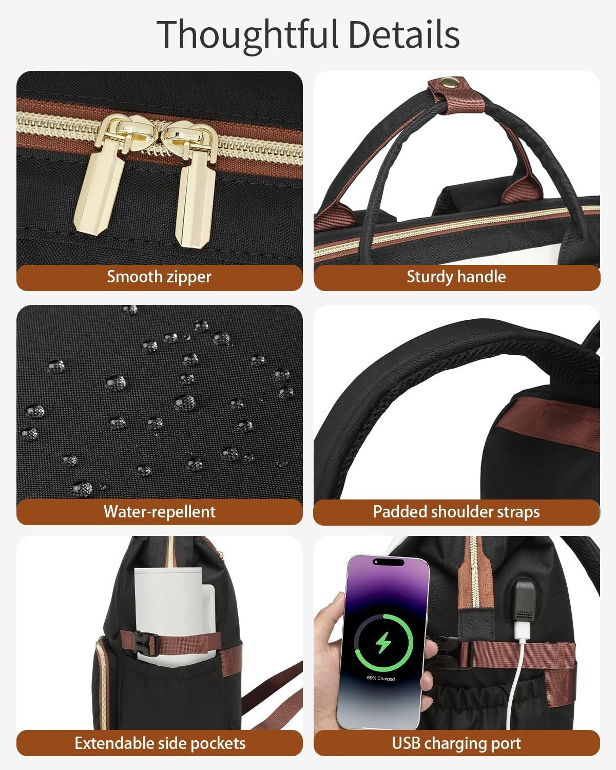 Stylish Work Backpack for Women, Laptop Bookbag with USB Charger & Cup Holder, I5