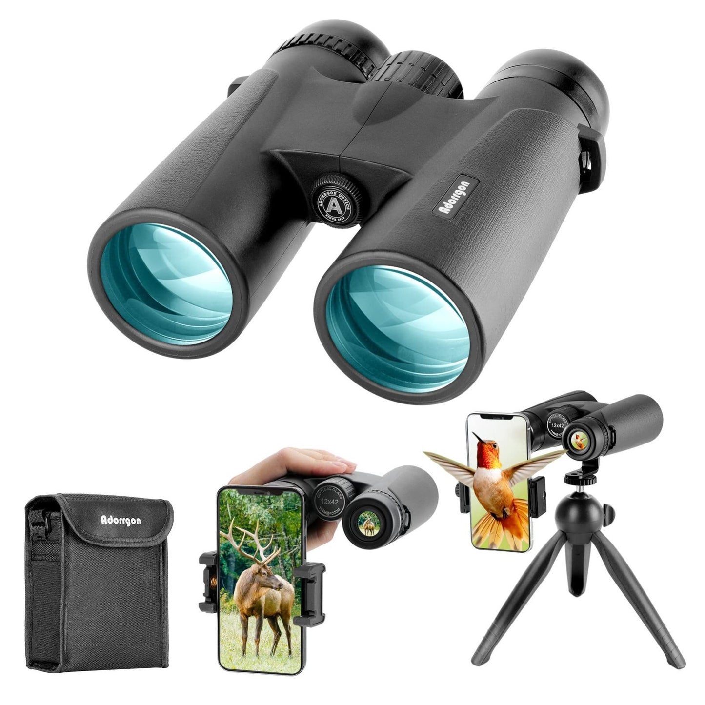 High-Powered 12x42 HD Binoculars with Phone Adapter & Tripod - Clear Low Light V1
