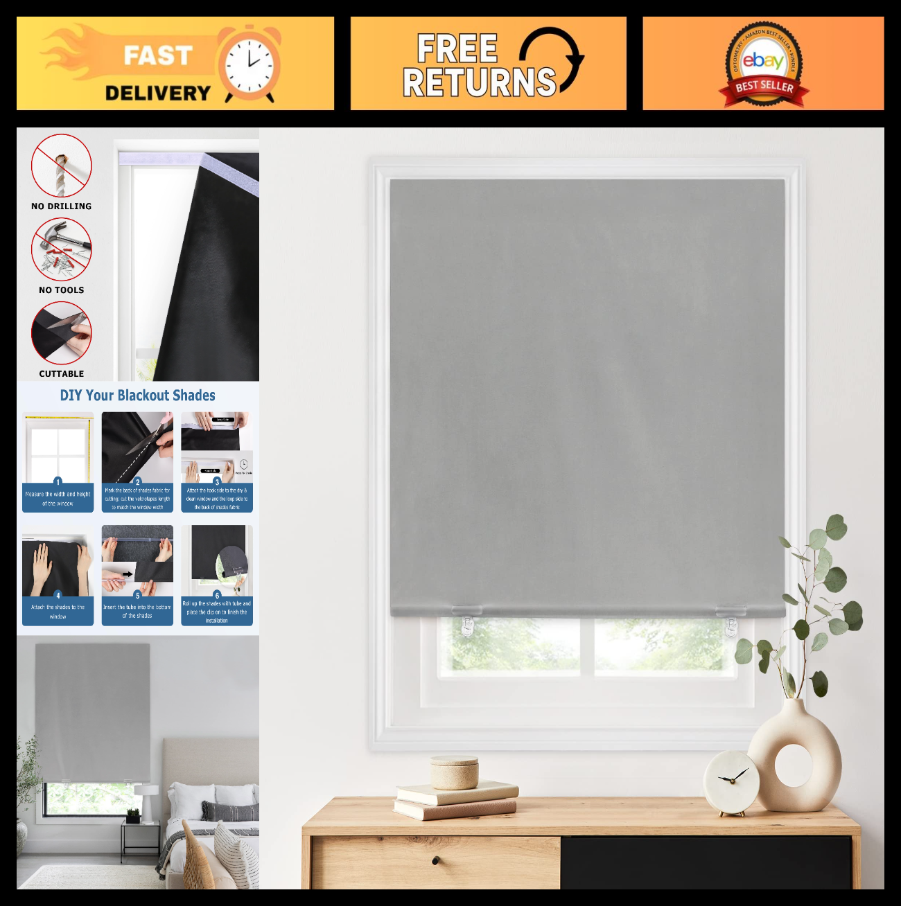100% Blackout Roller Shades 48"x72" Grey | Cordless No Drill Thermal Insulation0