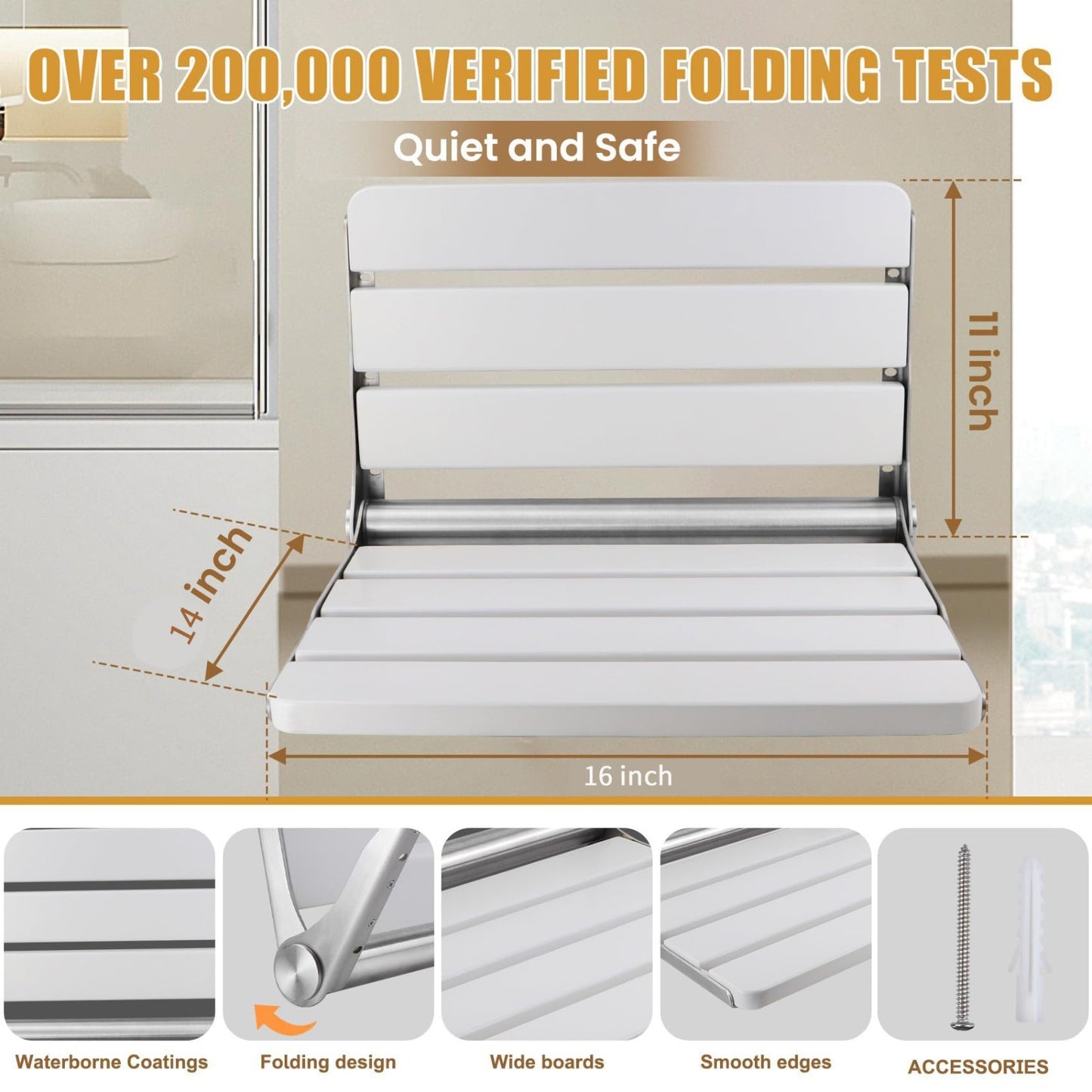 16" Teak Folding Shower Seat Wall Mounted   Space Saving Bench for Seniors, 400l2