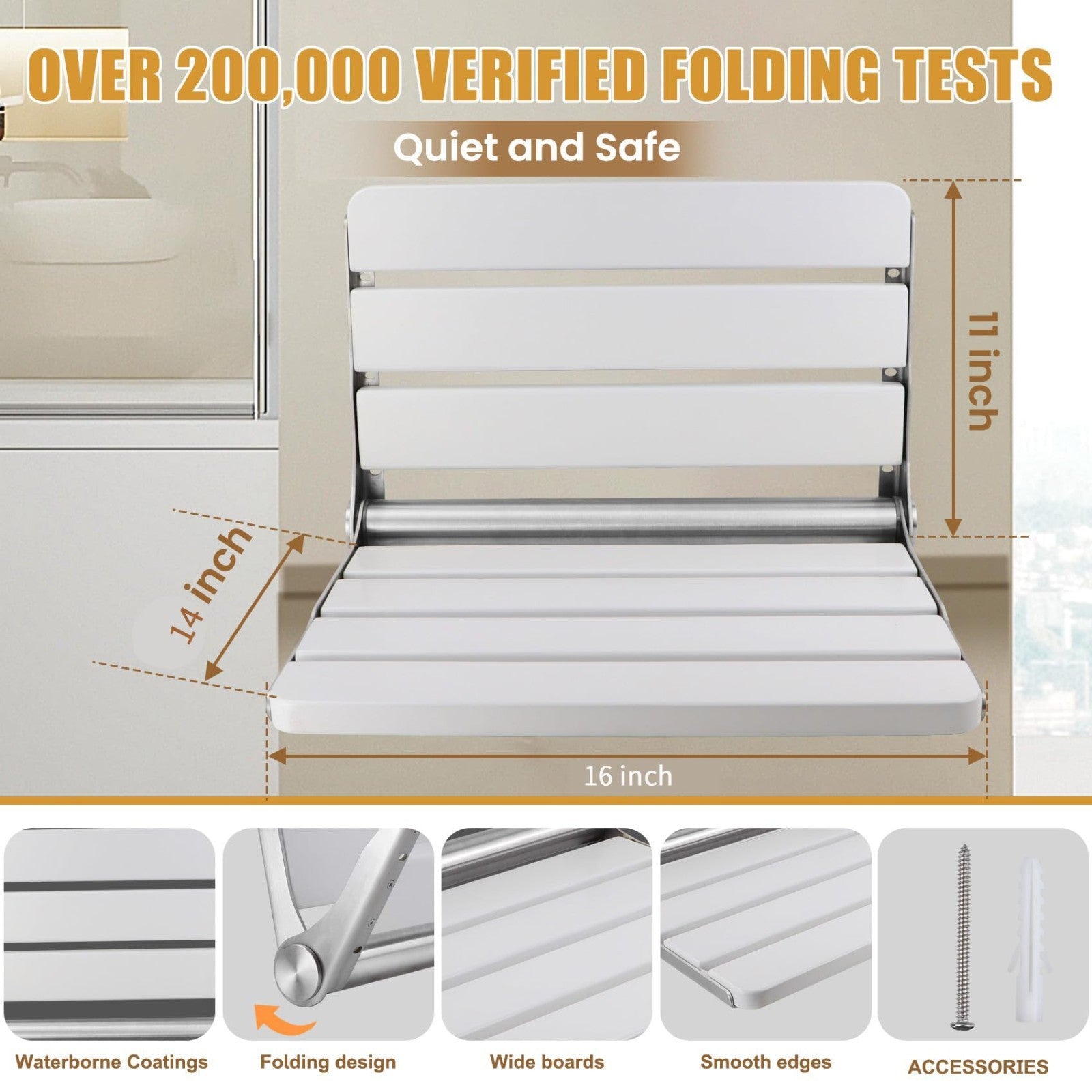 16" Teak Folding Shower Seat Wall Mounted   Space Saving Bench for Seniors, 400l2