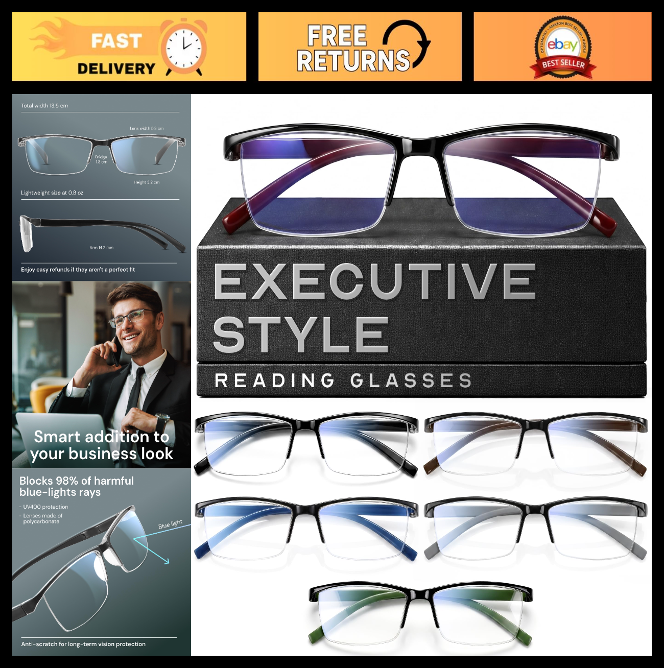 Durable Blue Light Blocking Reading Glasses for Men - Comfortable TR90 Frames0